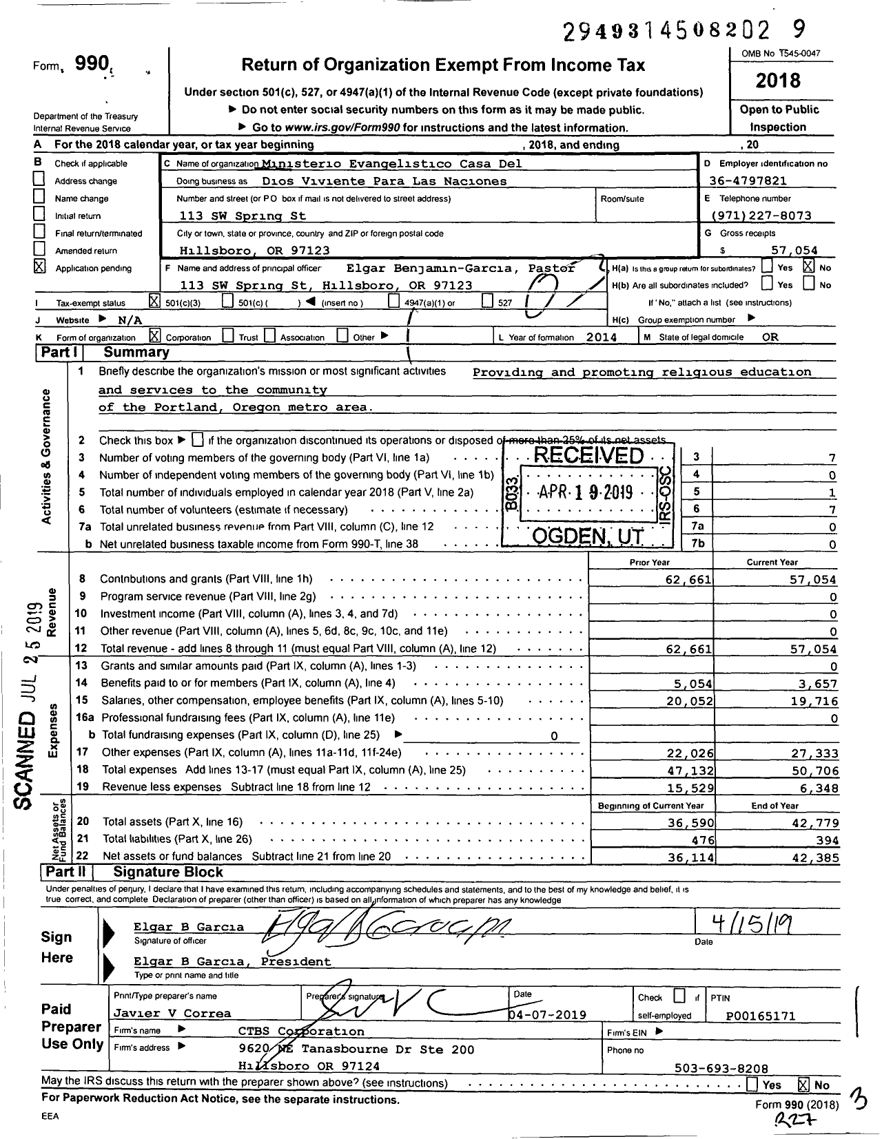 Image of first page of 2018 Form 990 for Ministerio Evangelistico Casa Del