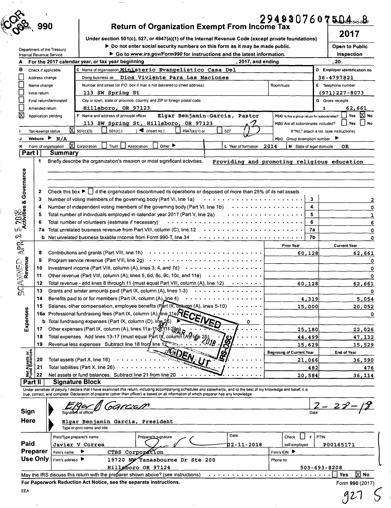 Image of first page of 2017 Form 990 for Ministerio Evangelistico Casa Del