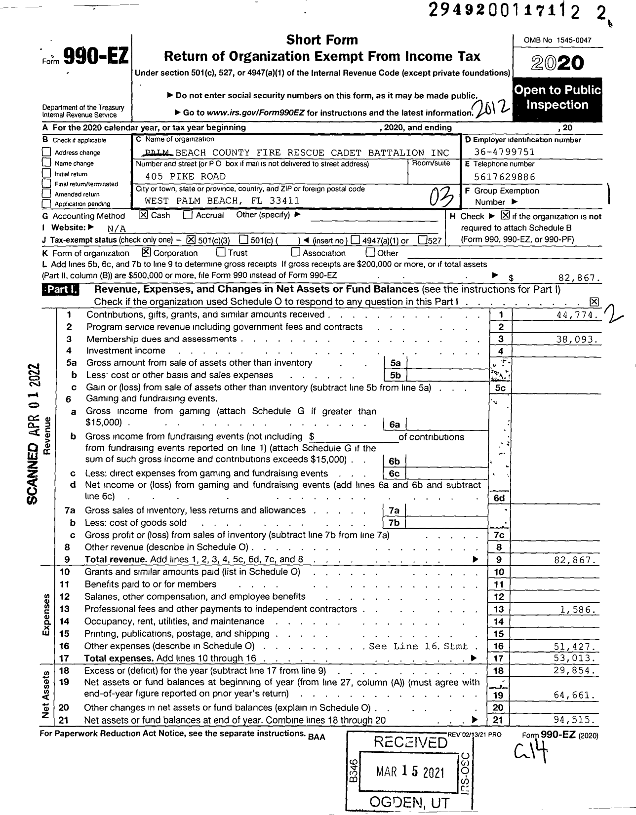 Image of first page of 2020 Form 990EZ for Palm Beach County Fire Rescue Cadet Battalion