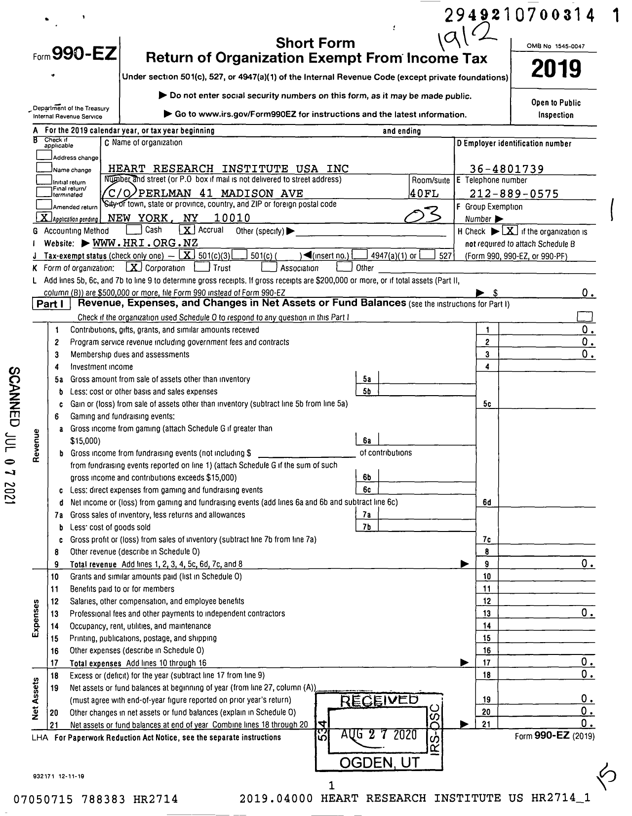 Image of first page of 2019 Form 990EZ for Heart Research Institute USA