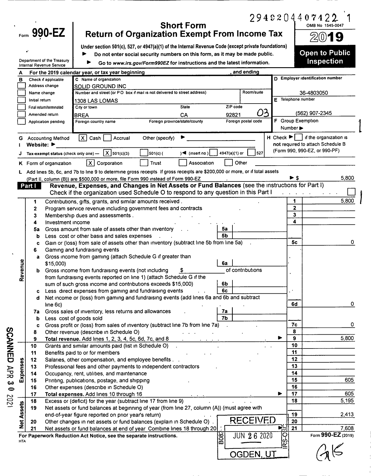 Image of first page of 2019 Form 990EZ for Solid Ground