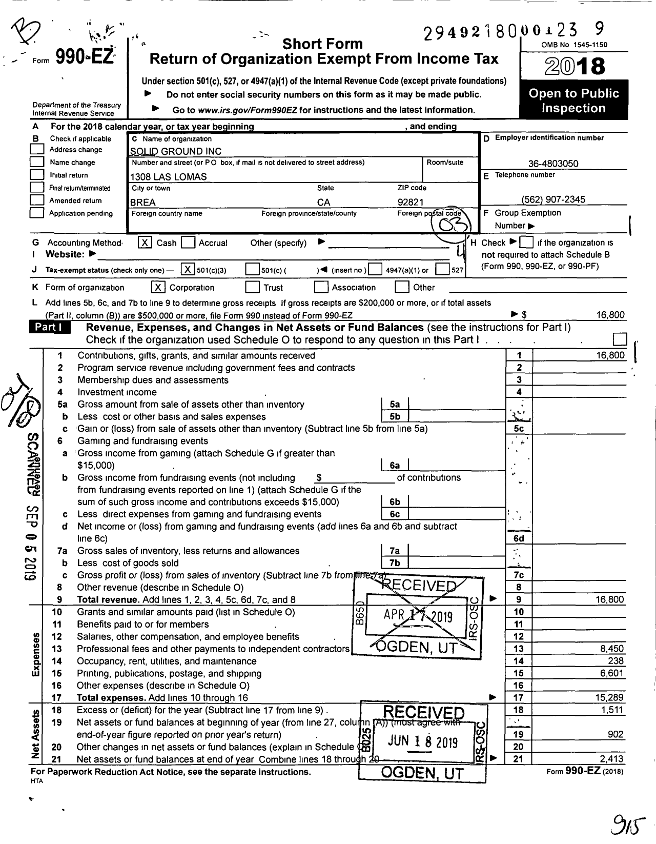 Image of first page of 2018 Form 990EO for Solid Ground