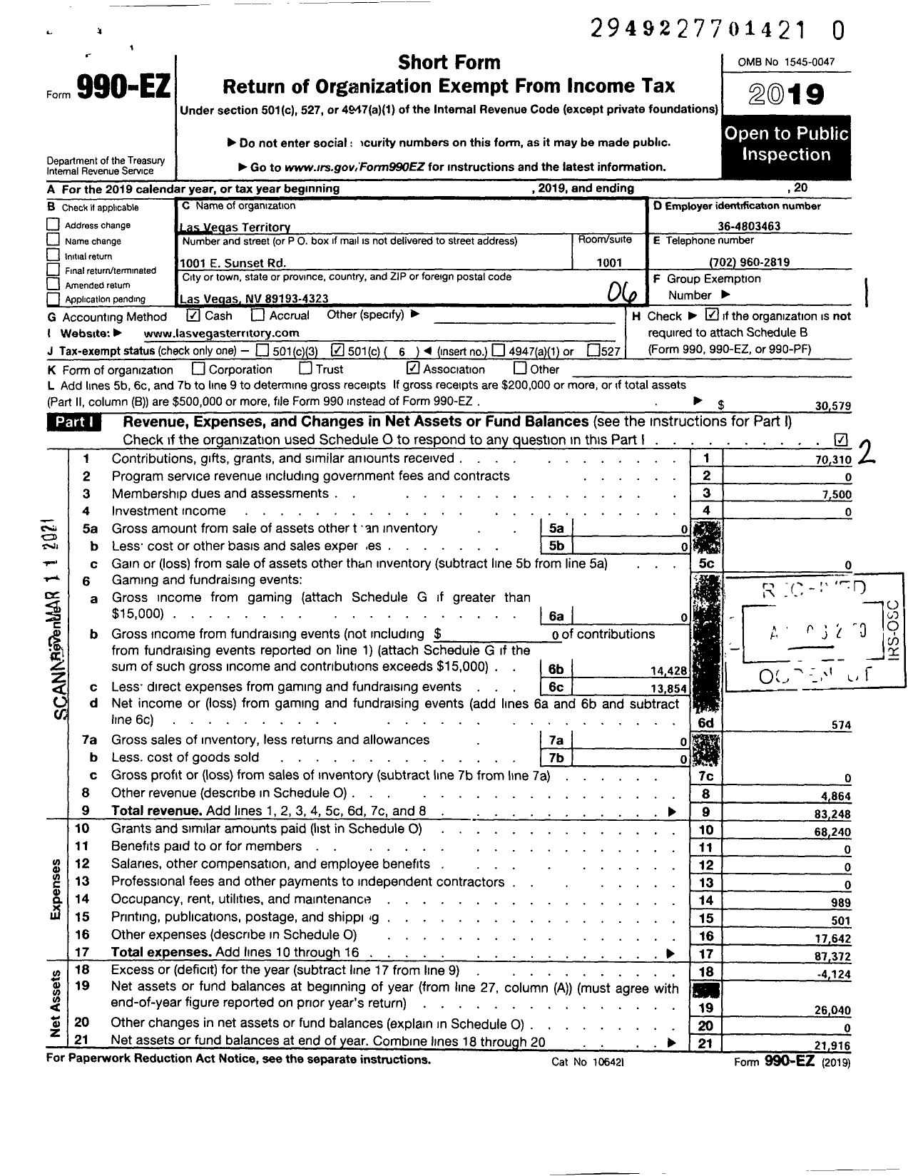 Image of first page of 2019 Form 990EO for Las Vegas Territory