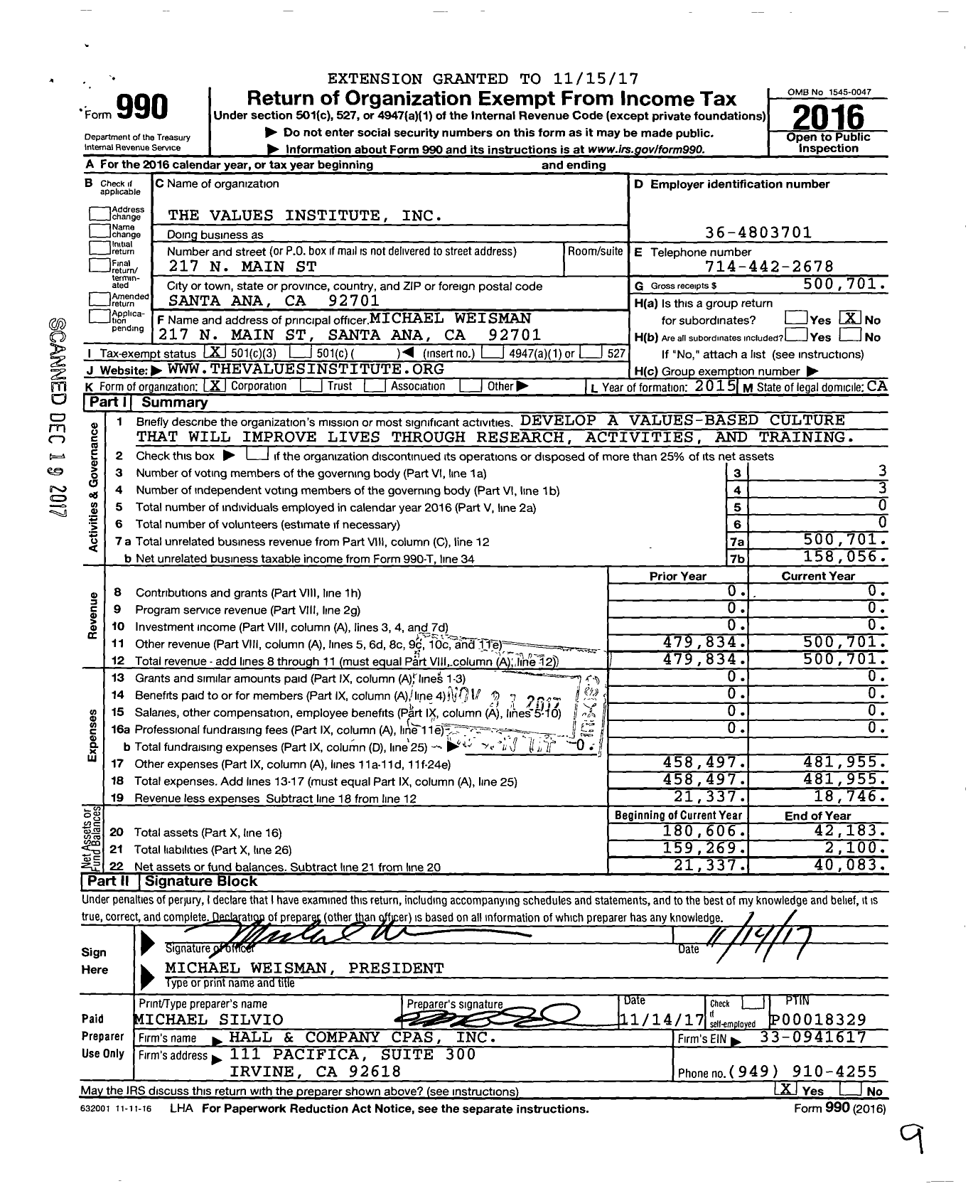 Image of first page of 2016 Form 990 for Values Institute