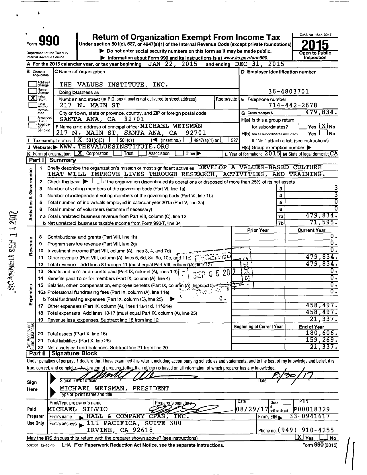 Image of first page of 2015 Form 990 for Values Institute