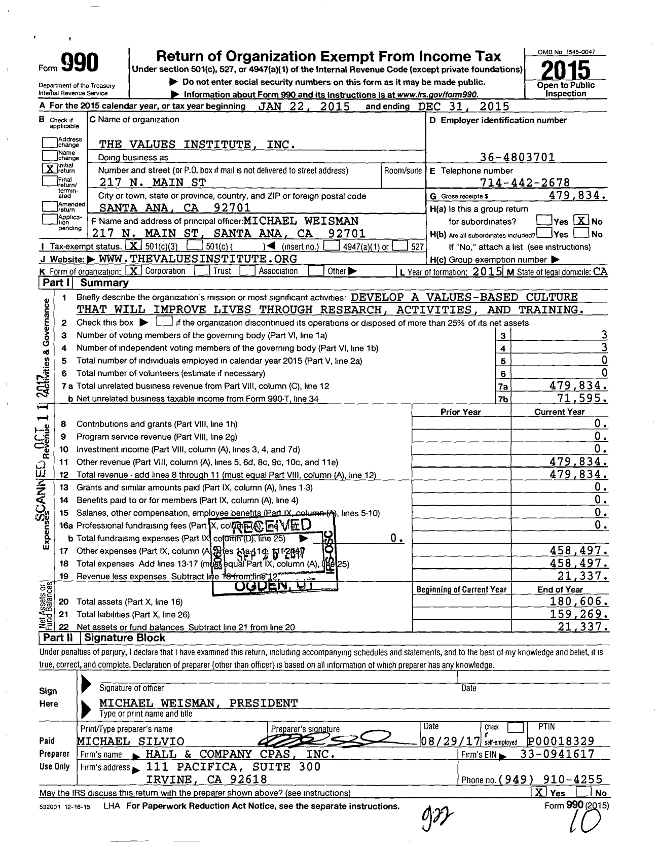 Image of first page of 2015 Form 990 for Values Institute