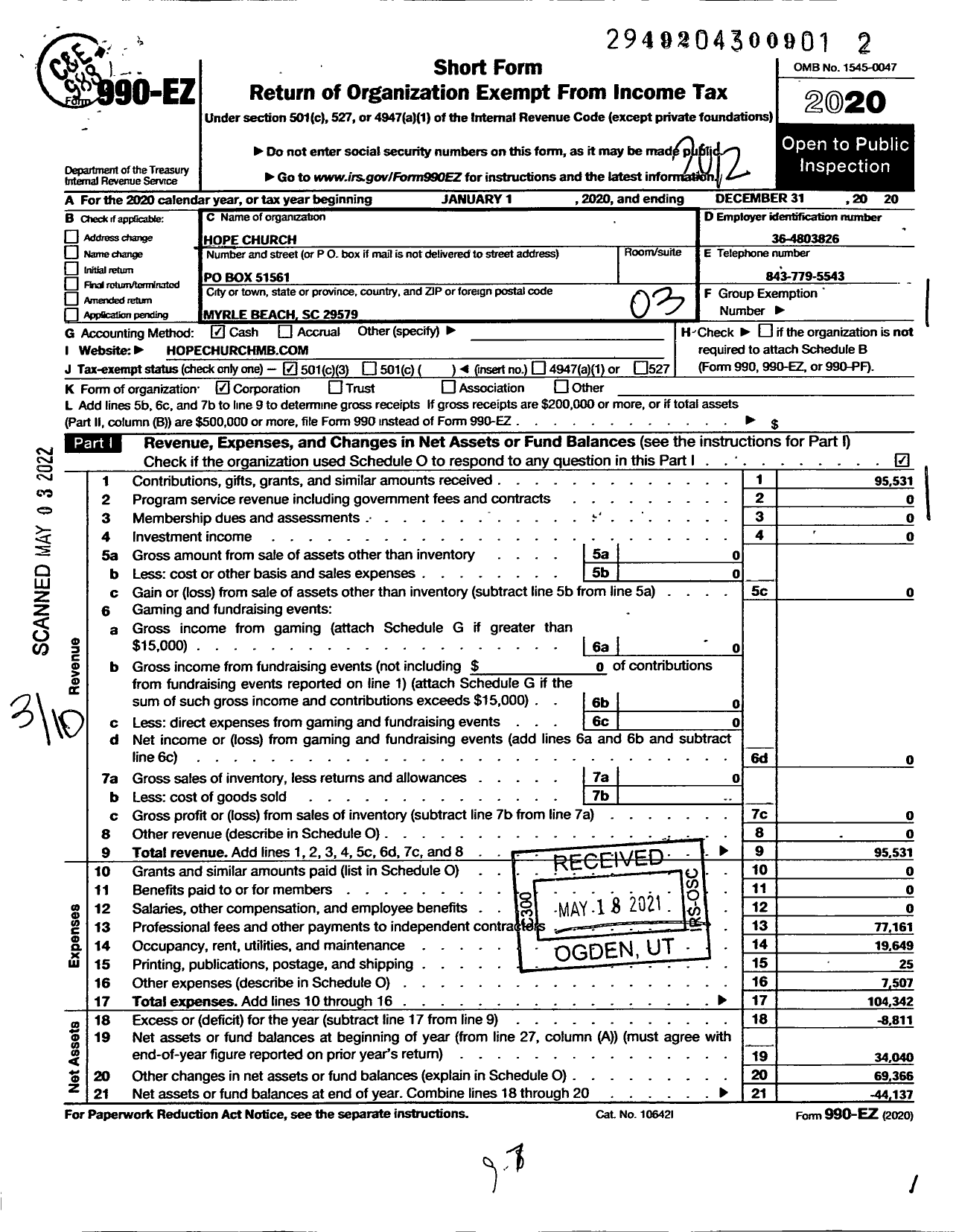 Image of first page of 2020 Form 990EZ for Hope