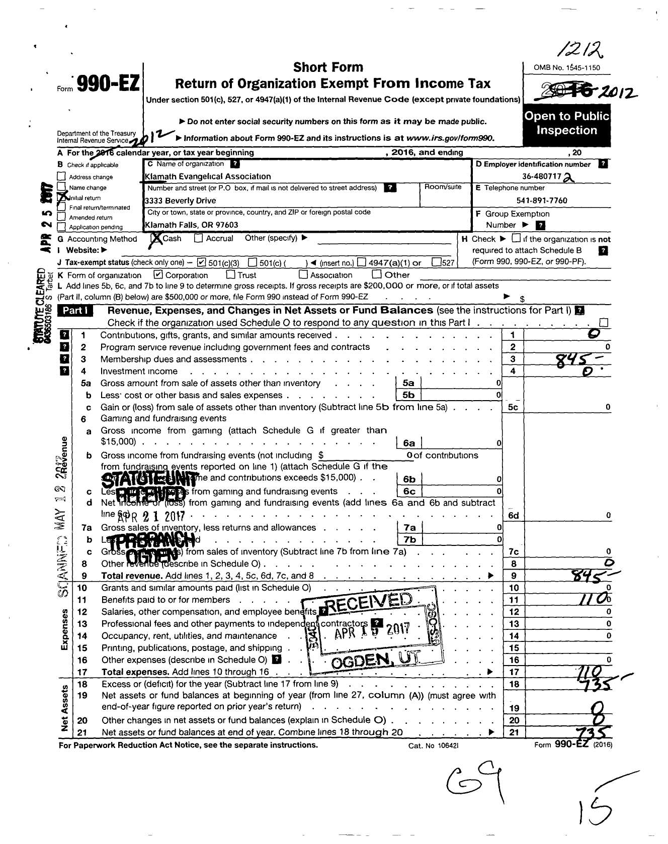 Image of first page of 2012 Form 990EZ for Klamath Evangelical Association