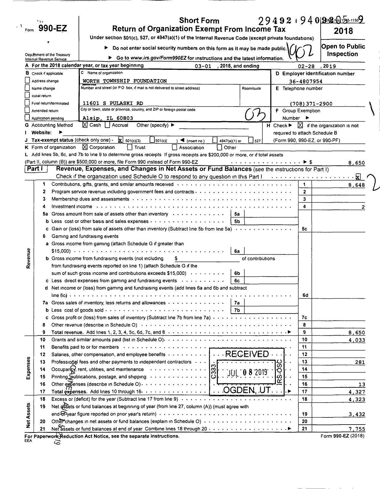 Image of first page of 2018 Form 990EZ for Worth Township Foundation