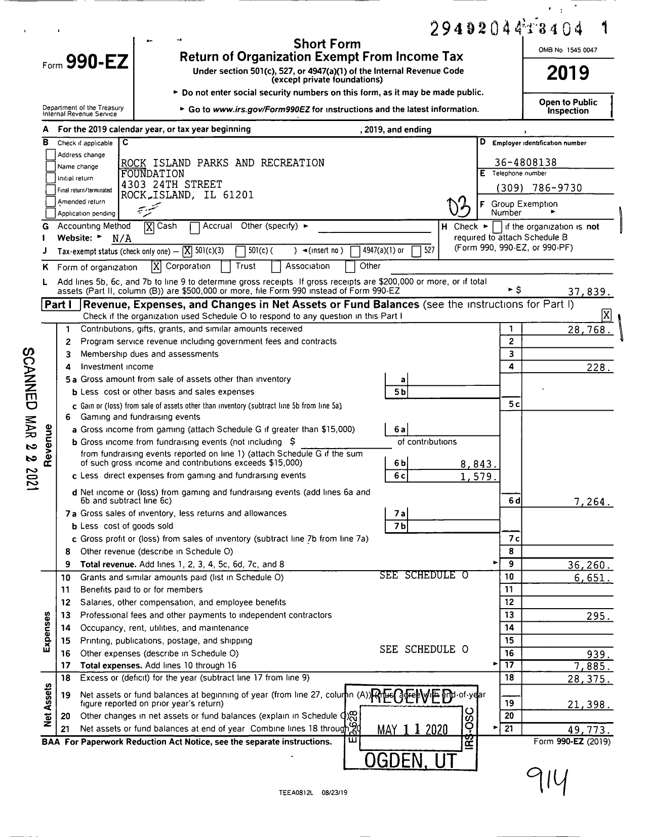 Image of first page of 2019 Form 990EZ for Rock Island Parks and Recreation Foundation