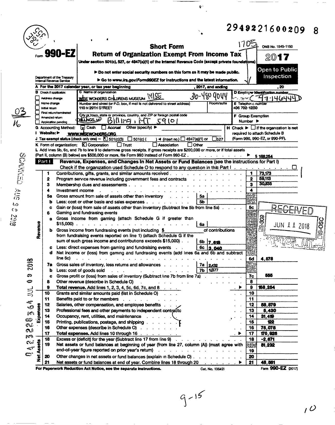 Image of first page of 2016 Form 990EZ for Wise Wonders Childrens Museum