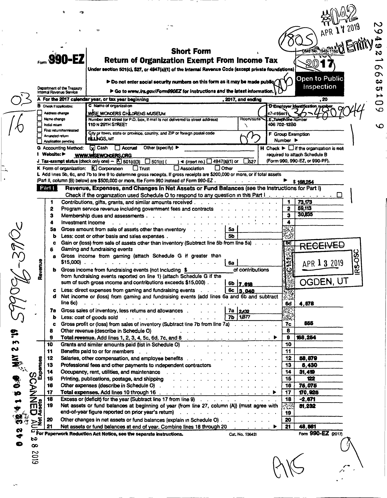 Image of first page of 2017 Form 990EZ for Wise Wonders Childrens Museum