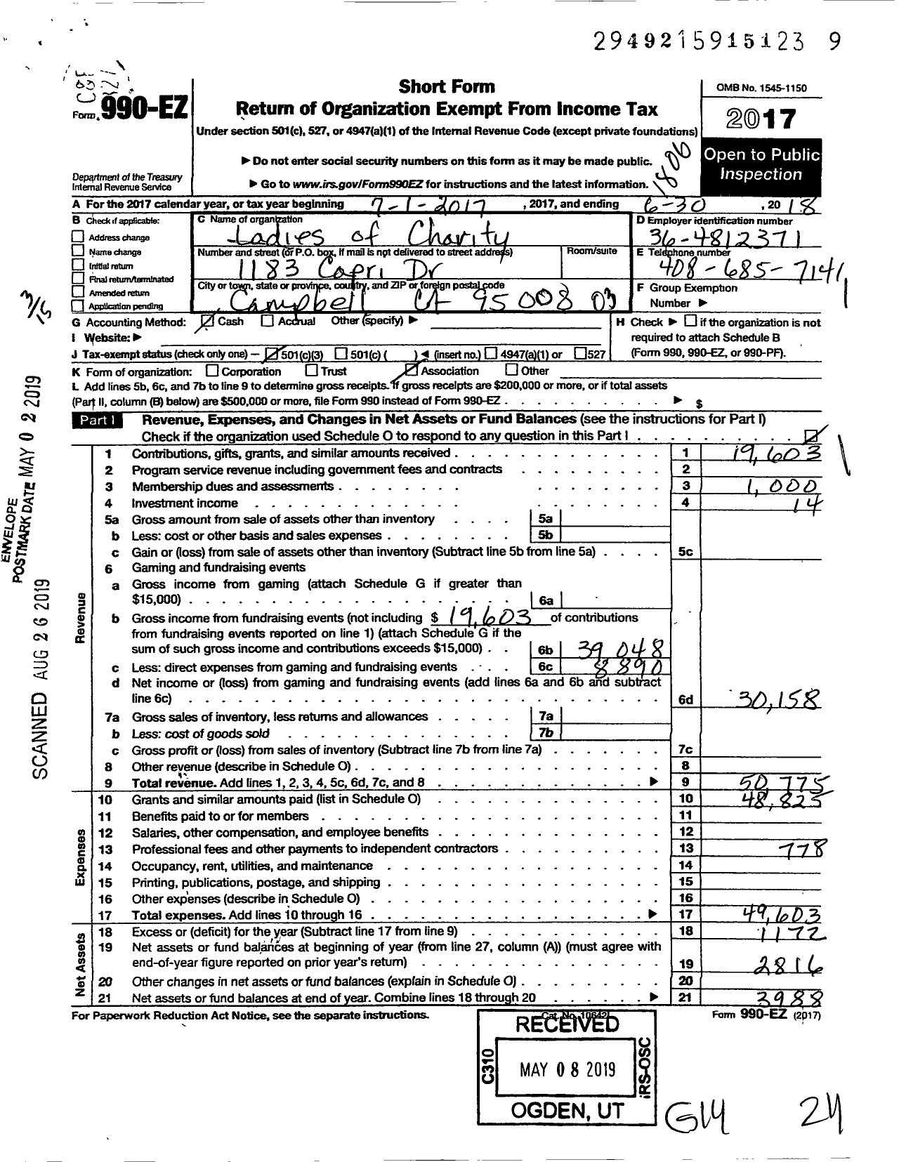 Image of first page of 2017 Form 990EZ for Ladies of Charity