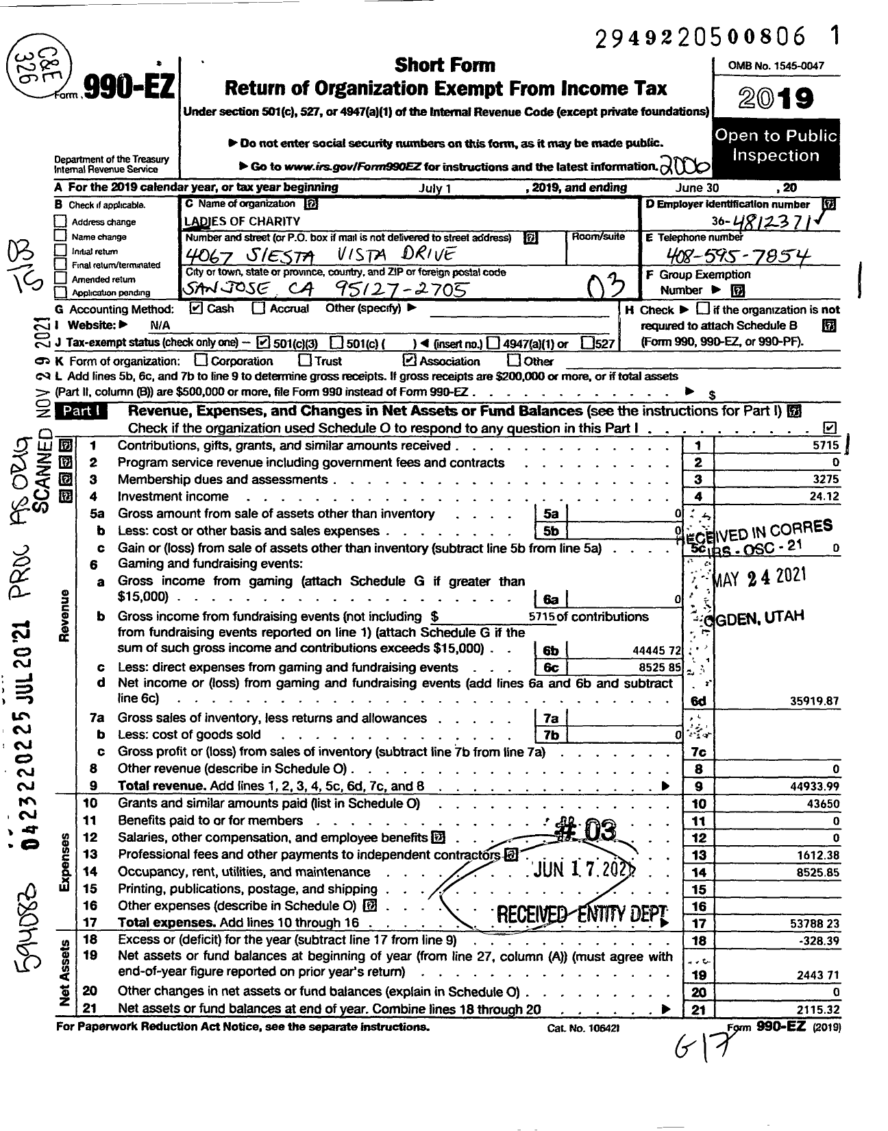 Image of first page of 2019 Form 990EZ for Ladies of Charity