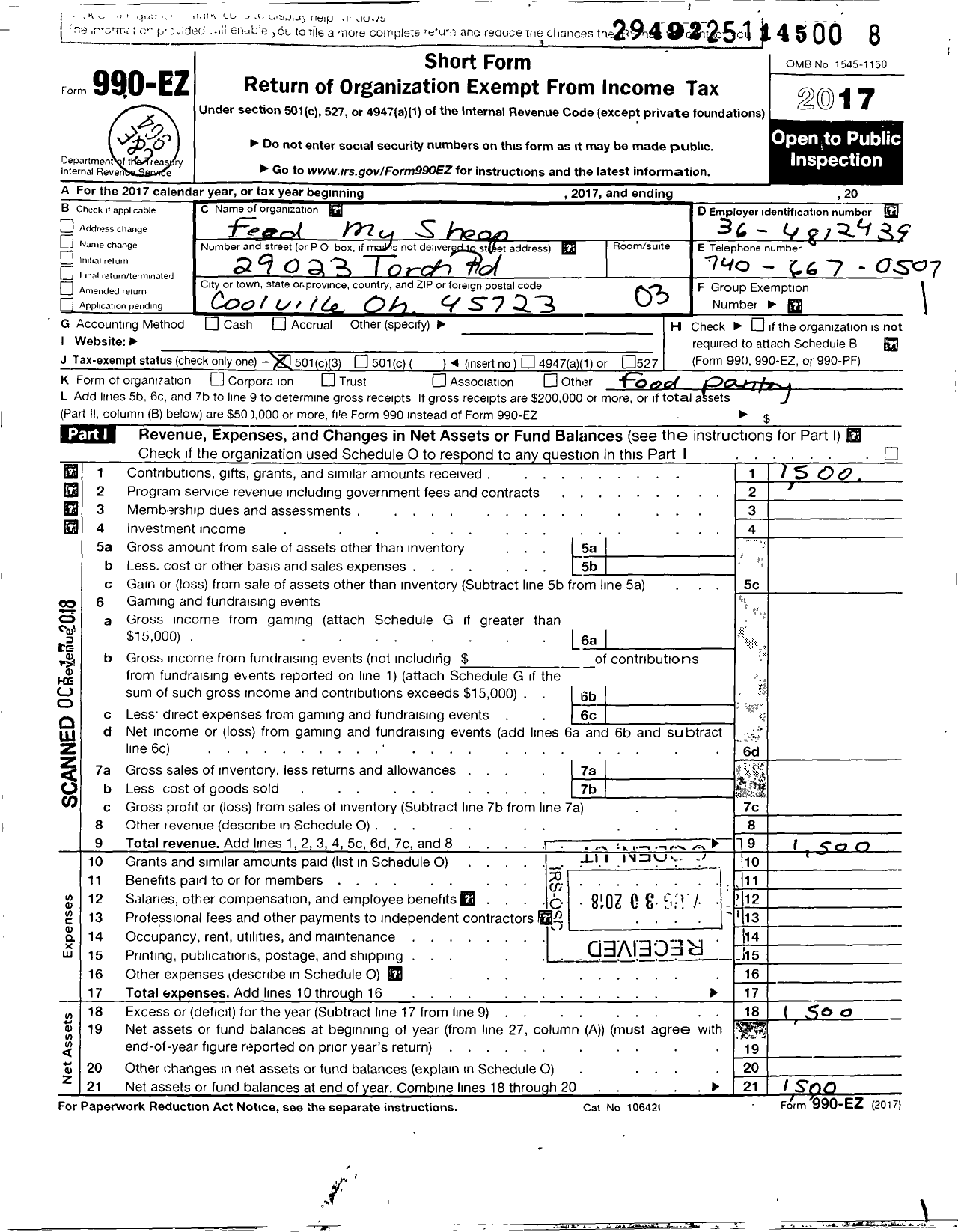 Image of first page of 2017 Form 990EZ for Feed My Sheep