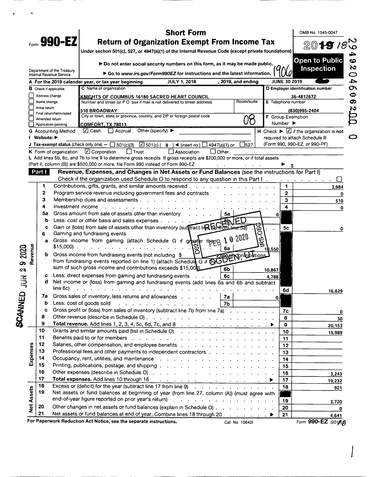 Image of first page of 2018 Form 990EO for Knights of Columbus - 16180 Sacred Heart Council