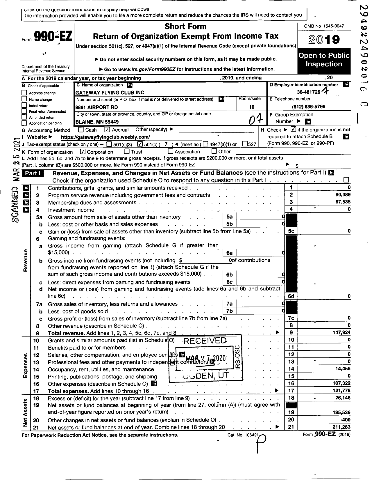 Image of first page of 2019 Form 990EO for Gateway Flying Club