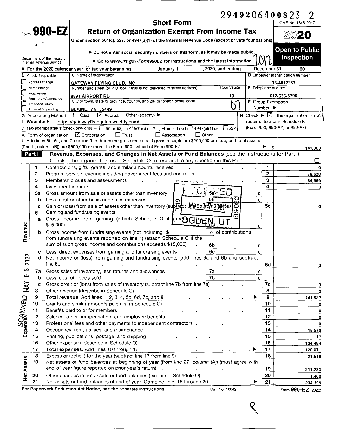 Image of first page of 2020 Form 990EO for Gateway Flying Club