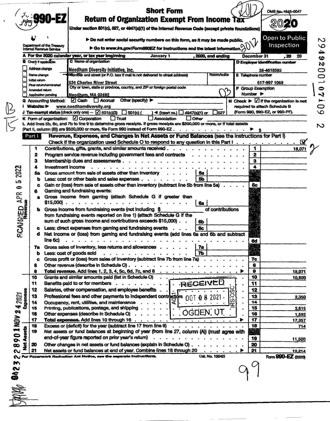 Image of first page of 2020 Form 990EZ for Needham Diversity Initiative