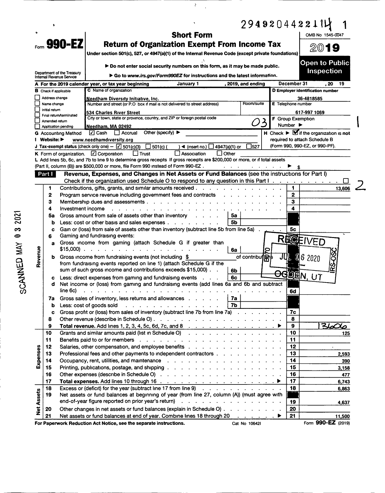 Image of first page of 2019 Form 990EZ for Needham Diversity Initiative