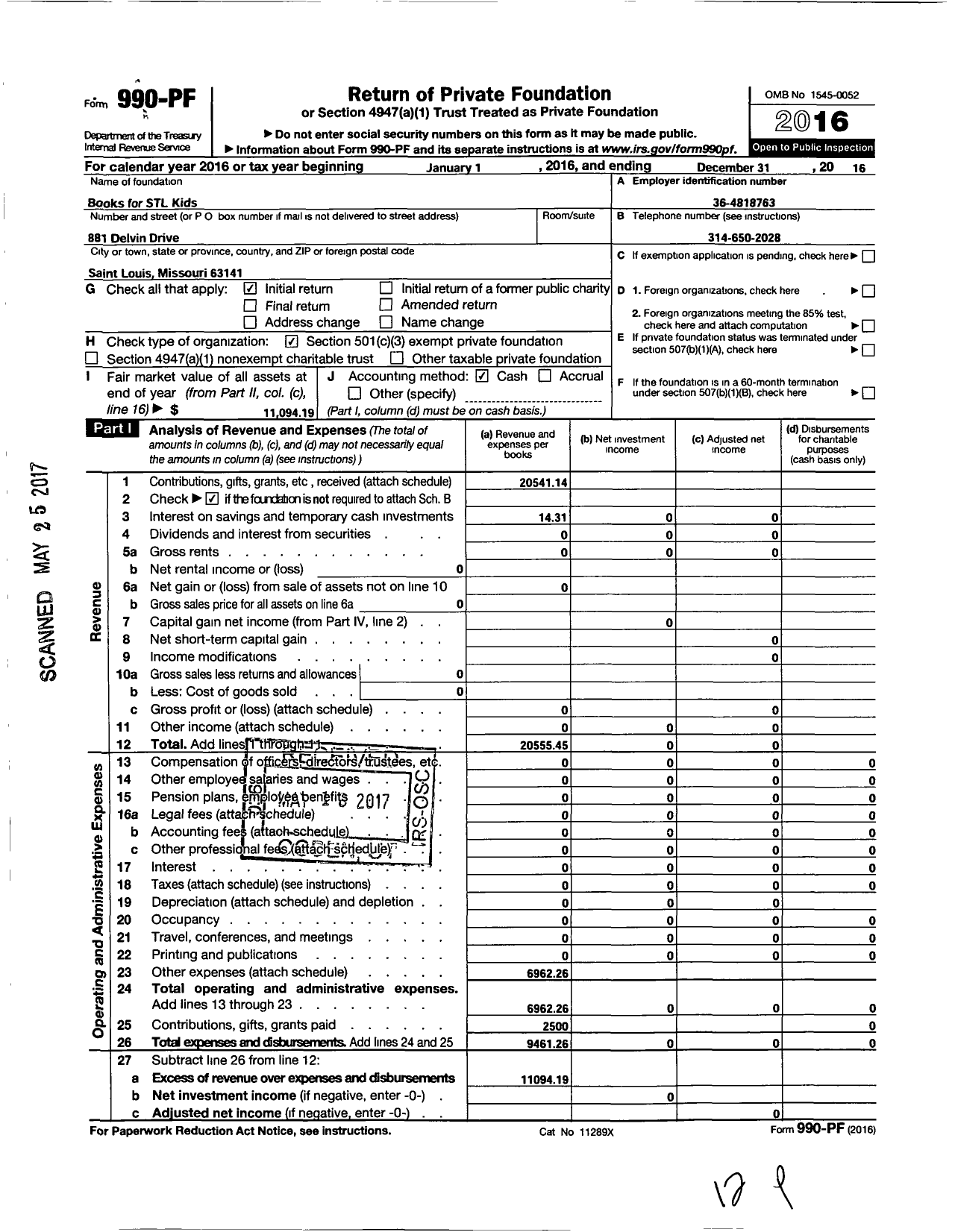 Image of first page of 2016 Form 990PF for Books for STL Kids