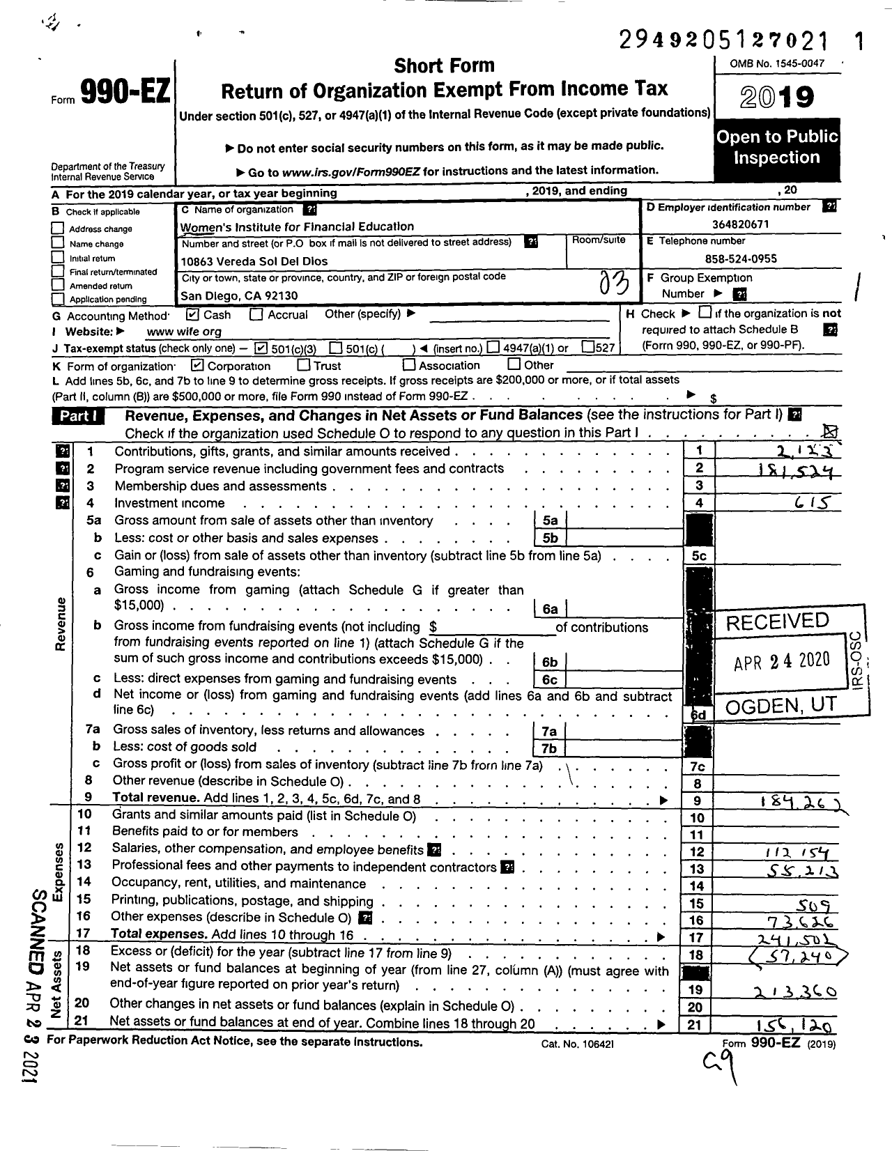 Image of first page of 2019 Form 990EZ for Womens Institute for Financial Education