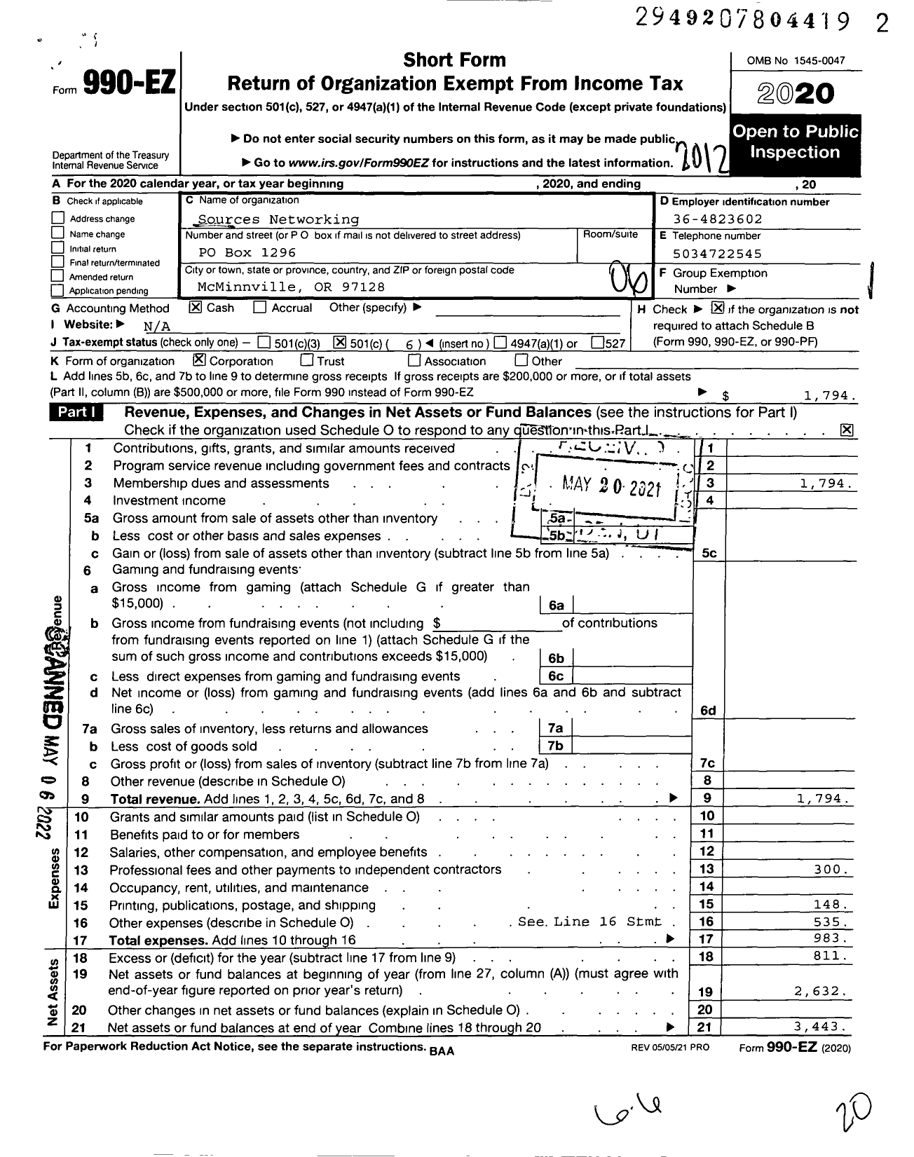 Image of first page of 2020 Form 990EO for Sources Networking