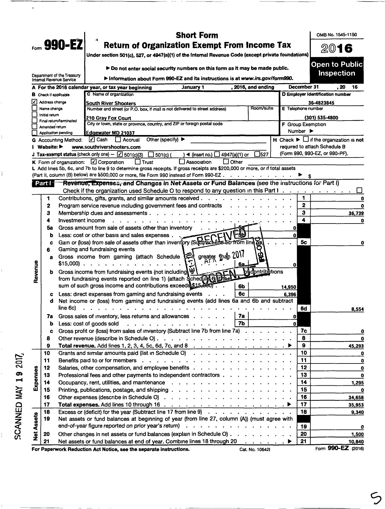 Image of first page of 2016 Form 990EZ for South River Shooters