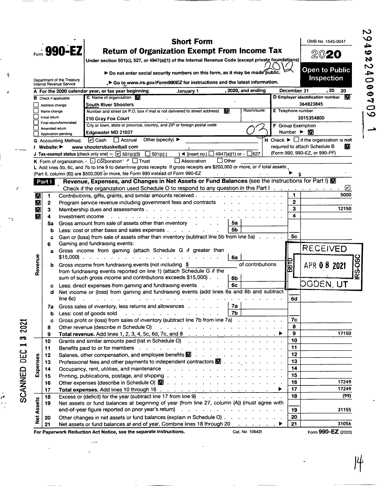 Image of first page of 2020 Form 990EZ for South River Shooters