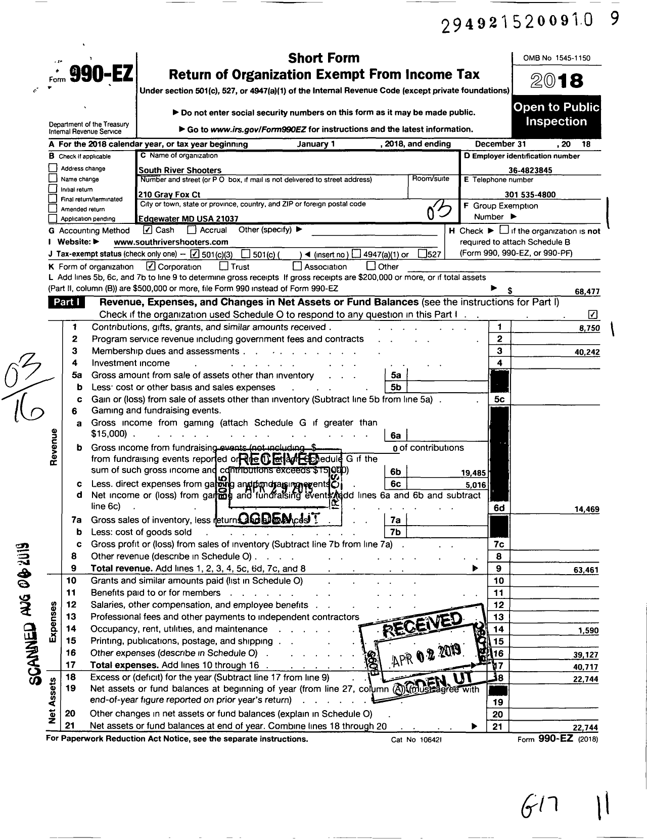 Image of first page of 2018 Form 990EZ for South River Shooters