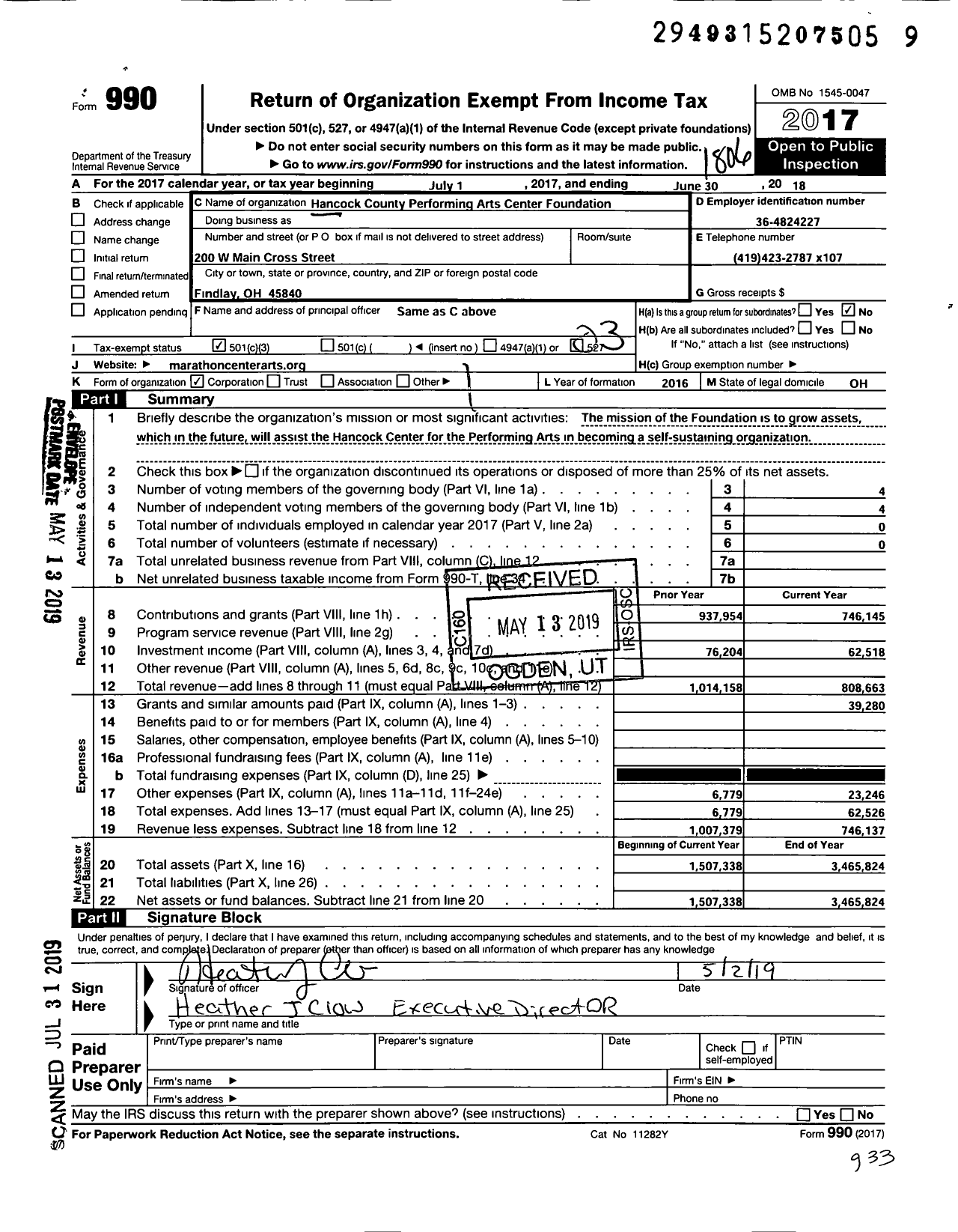 Image of first page of 2017 Form 990 for Hancock County Performing Arts Center Foundation