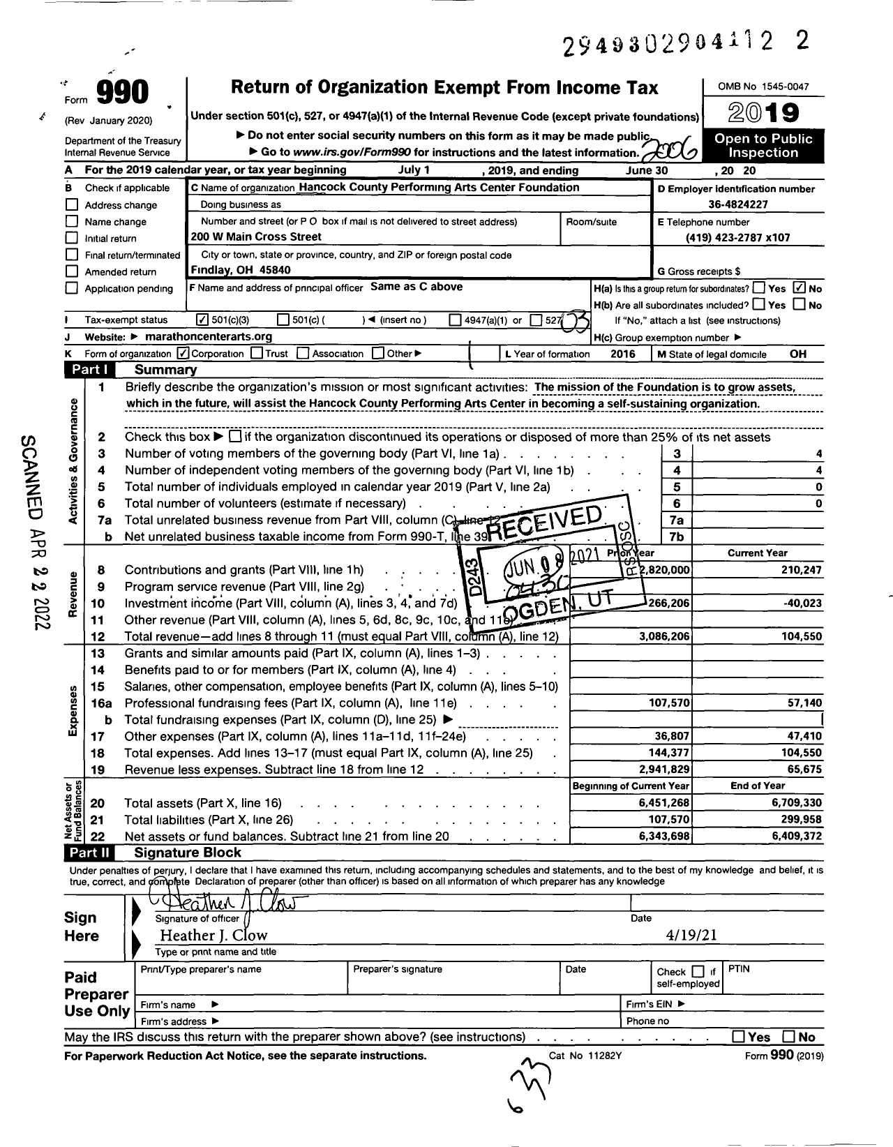 Image of first page of 2019 Form 990 for Hancock County Performing Arts Center Foundation