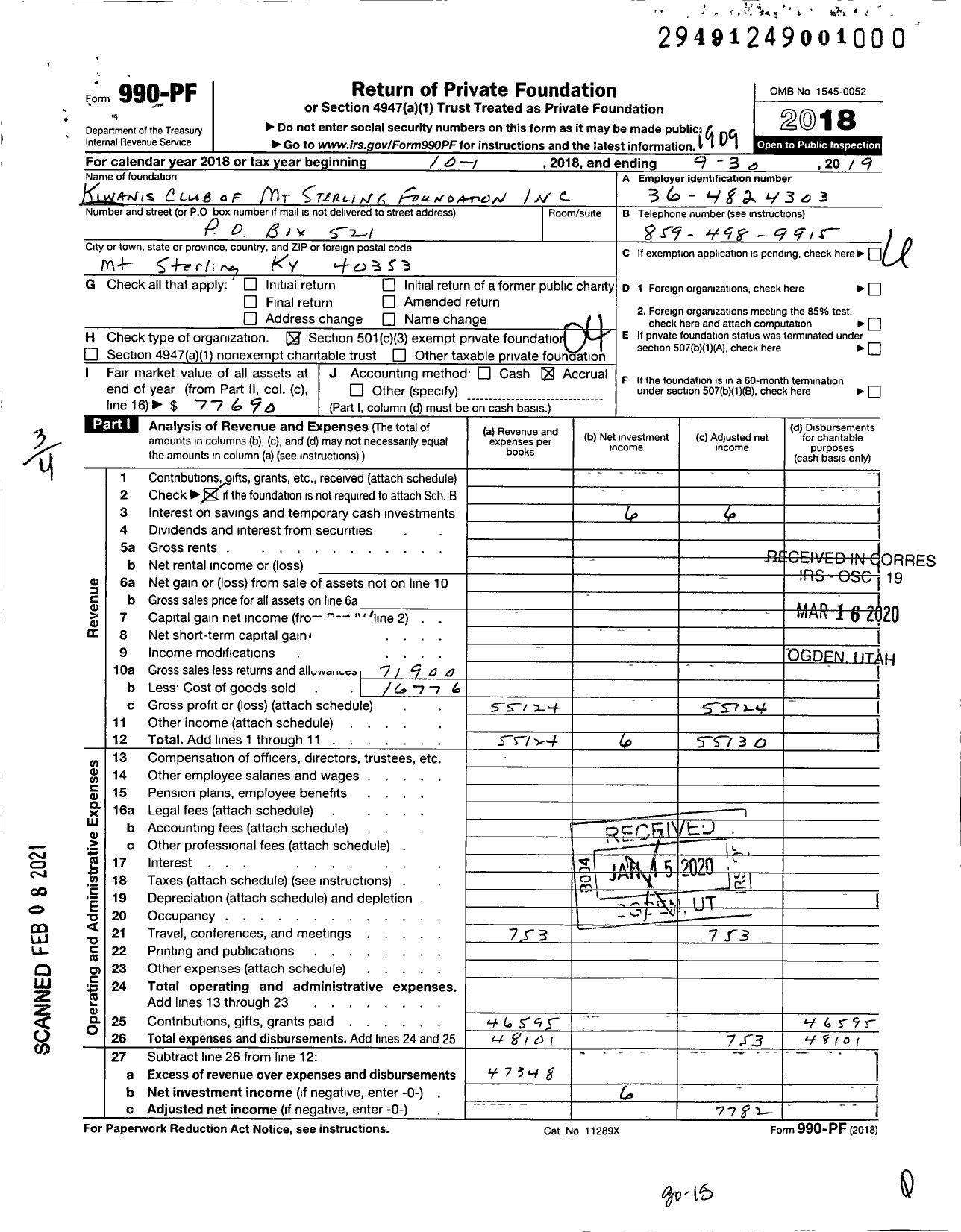 Image of first page of 2018 Form 990PF for Kiwanis Club of MT Sterling Foundation