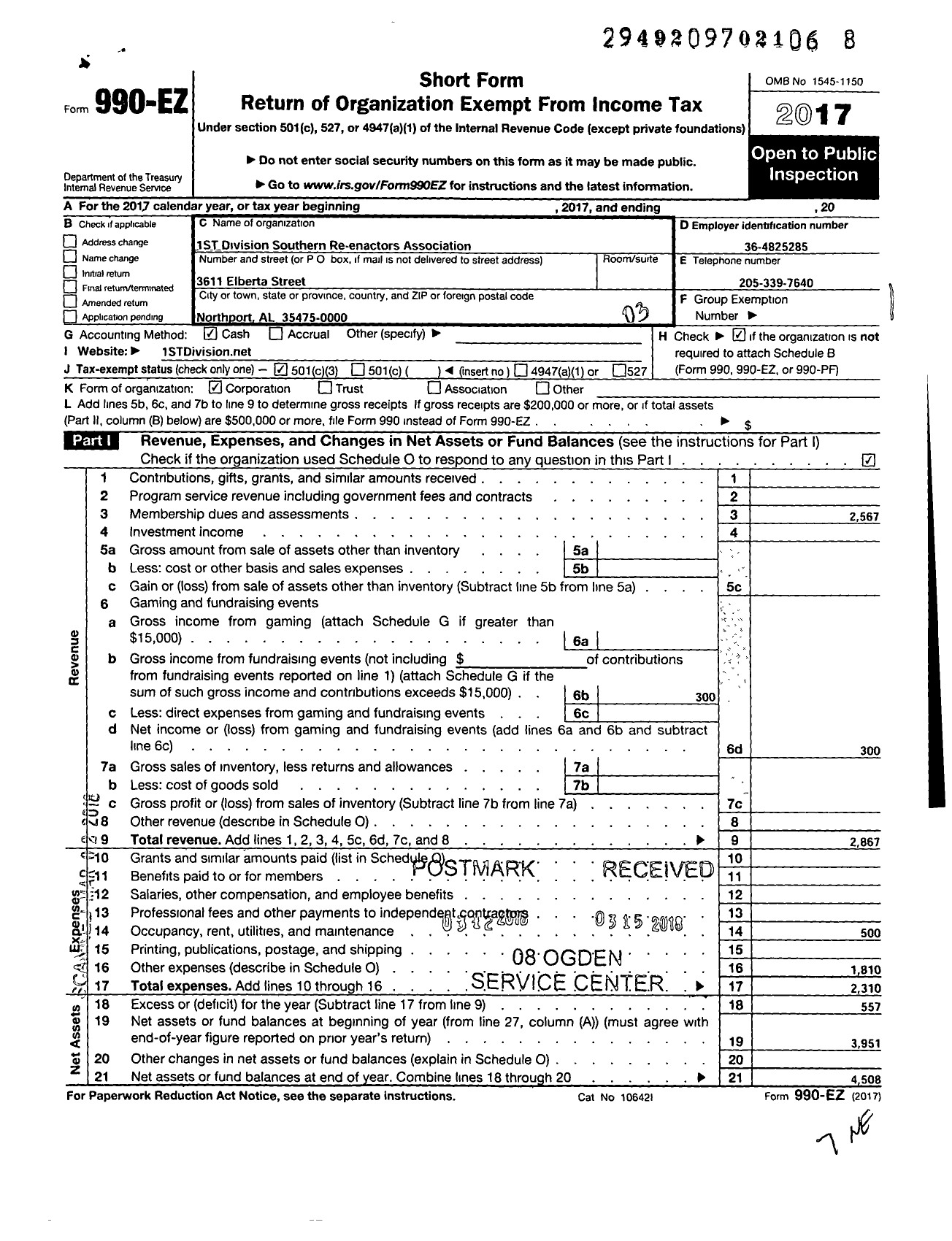 Image of first page of 2017 Form 990EZ for 1ST Division Southern Reenactment Association