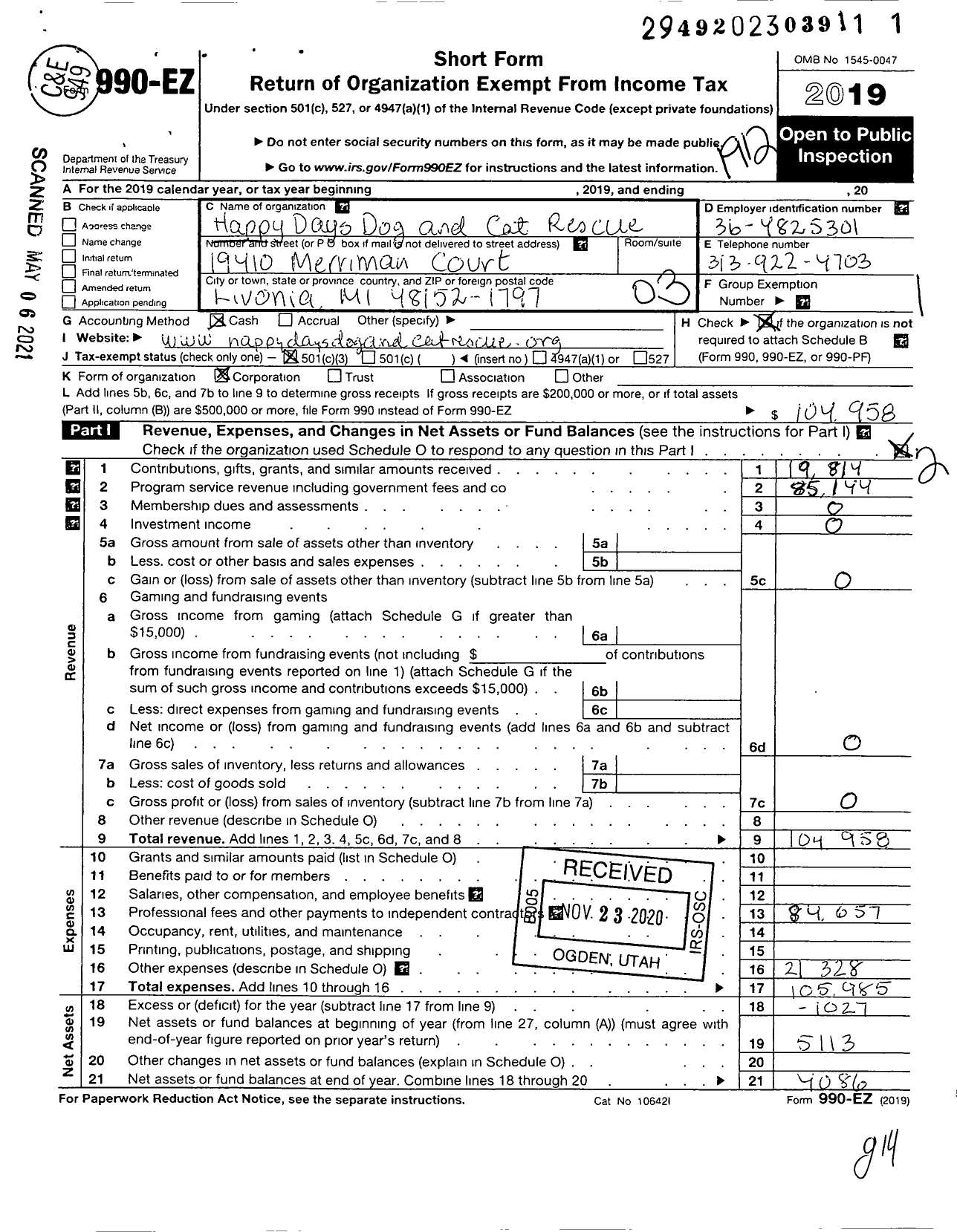 Image of first page of 2019 Form 990EZ for Happy Days Dog and Cat Rescue Incorporated