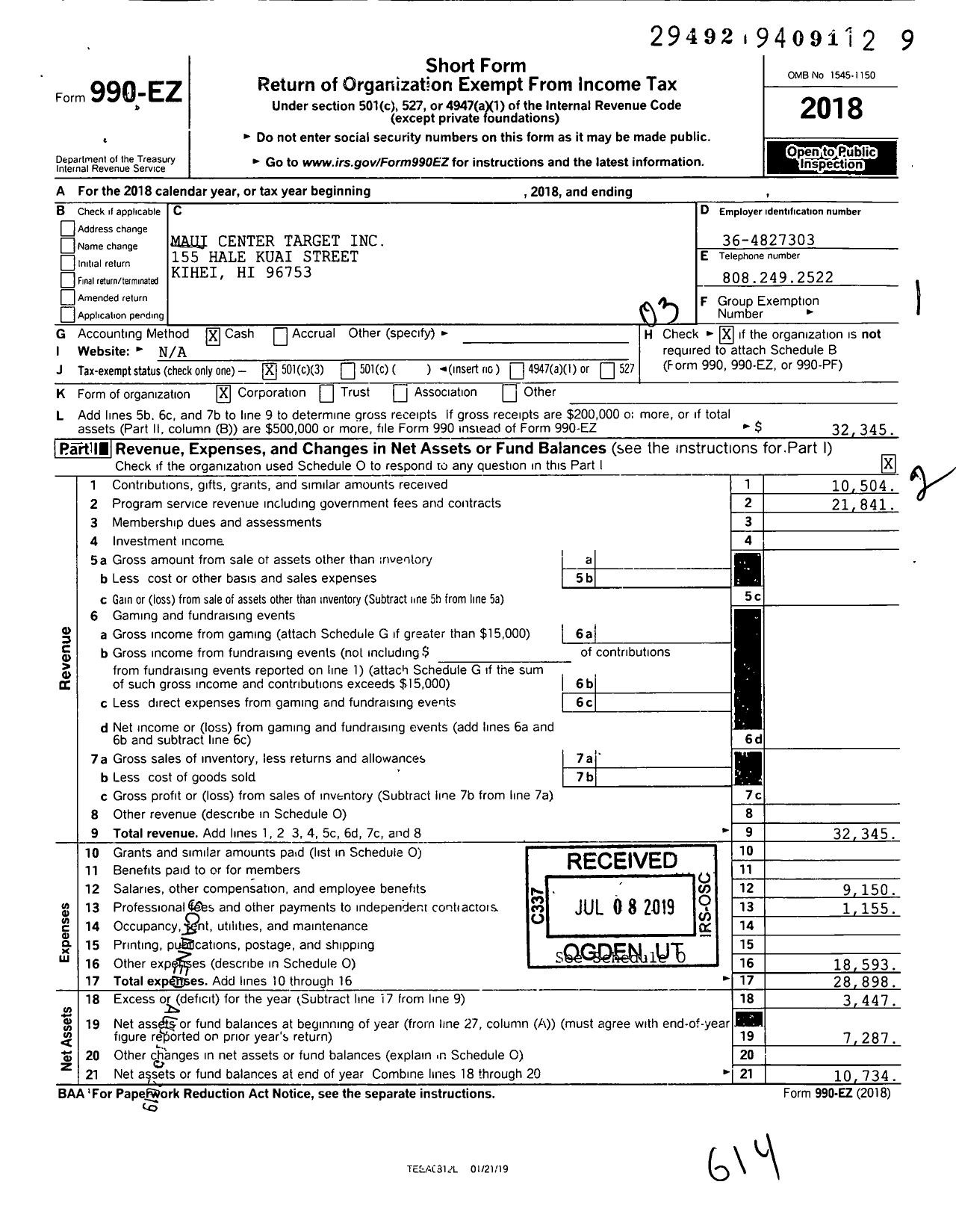 Image of first page of 2018 Form 990EZ for Maui Center Target