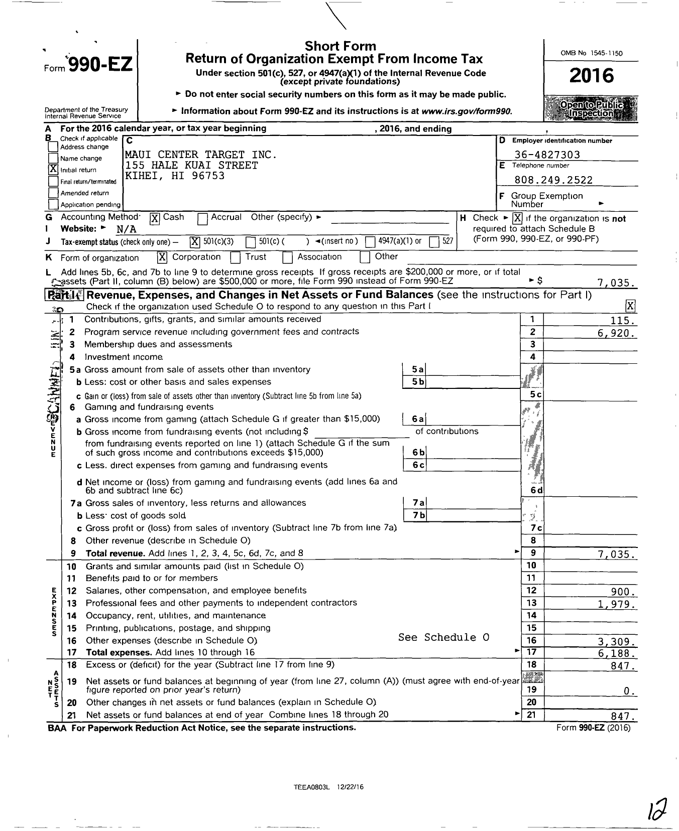 Image of first page of 2016 Form 990EZ for Maui Center Target