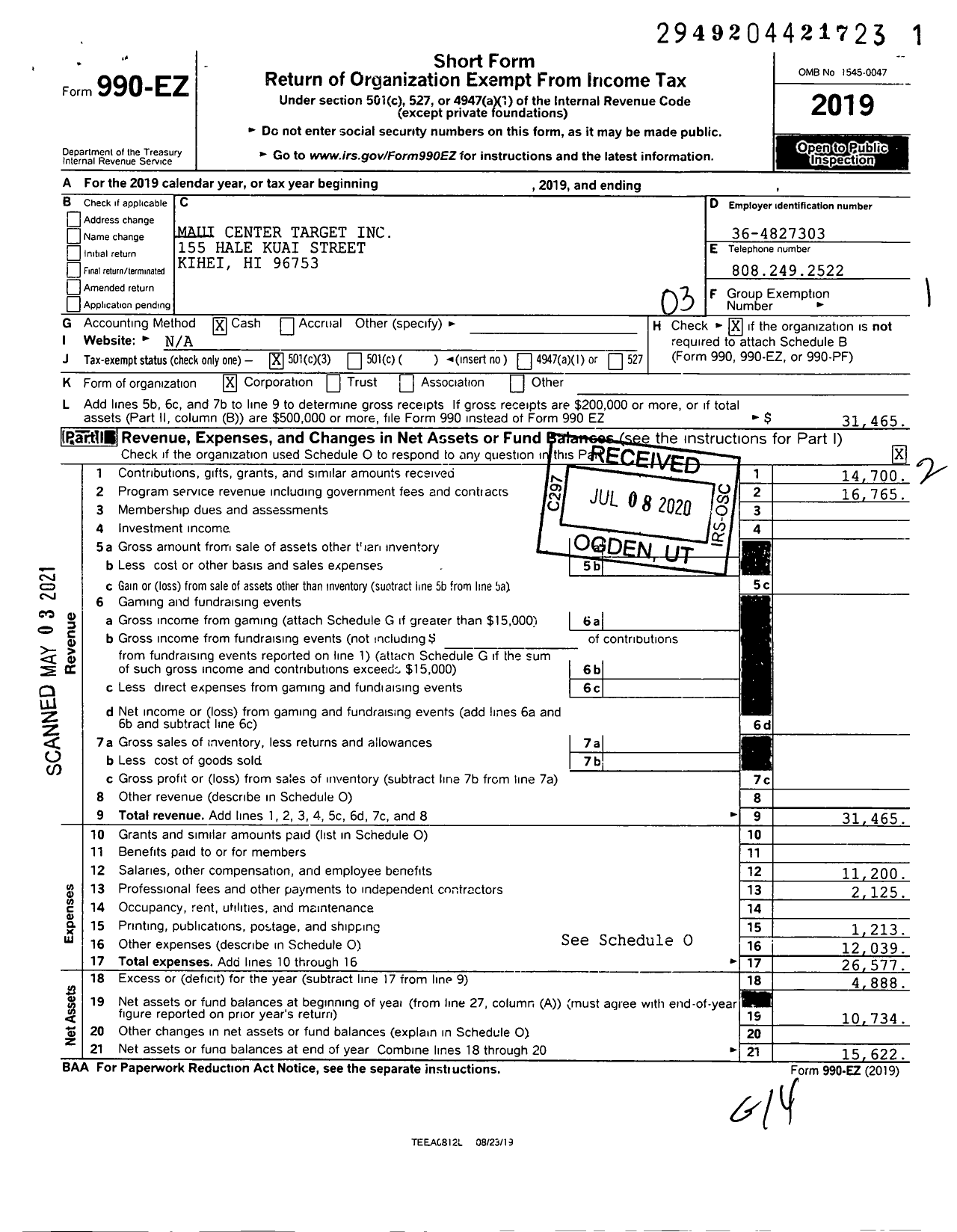 Image of first page of 2019 Form 990EZ for Maui Center Target