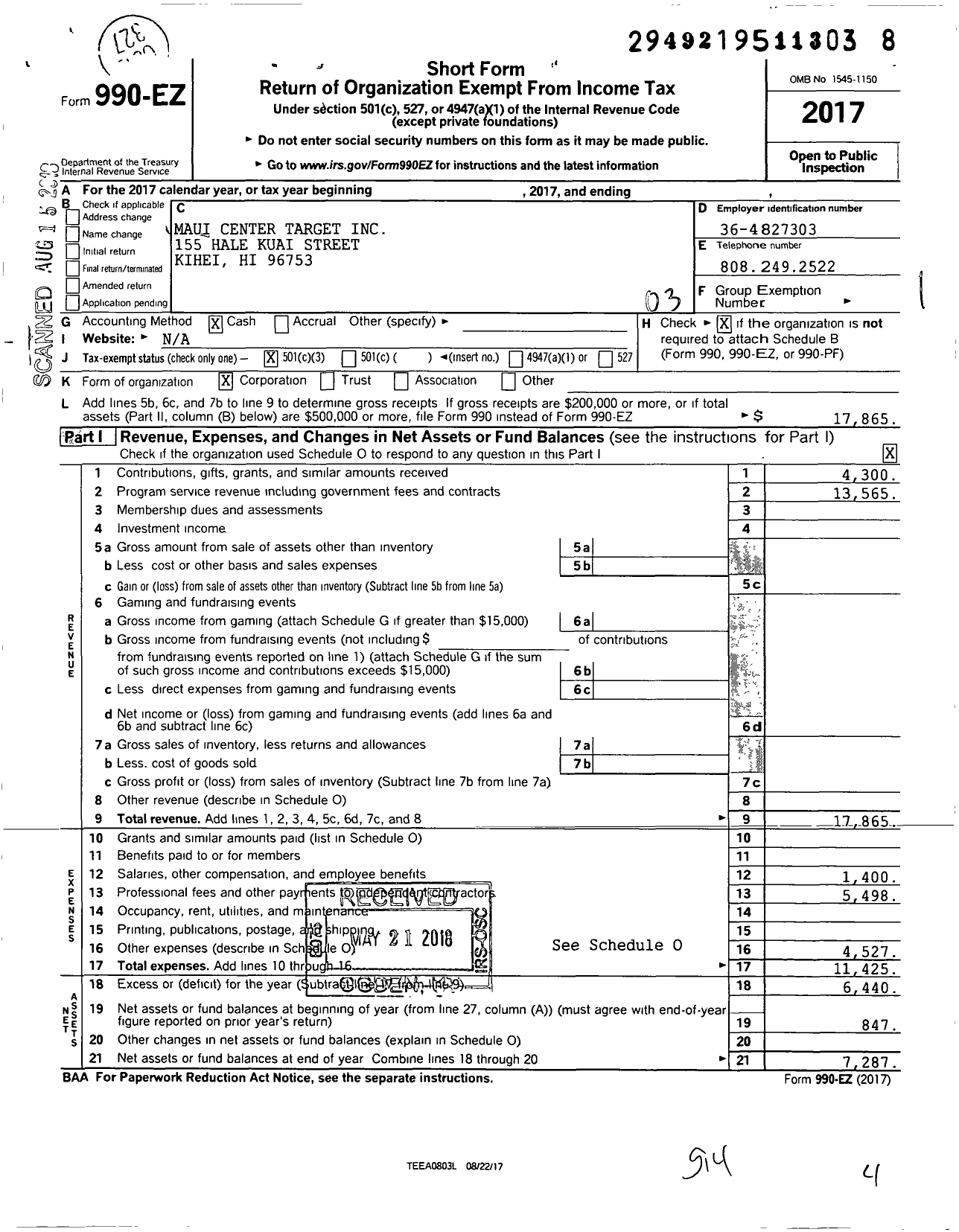 Image of first page of 2017 Form 990EZ for Maui Center Target