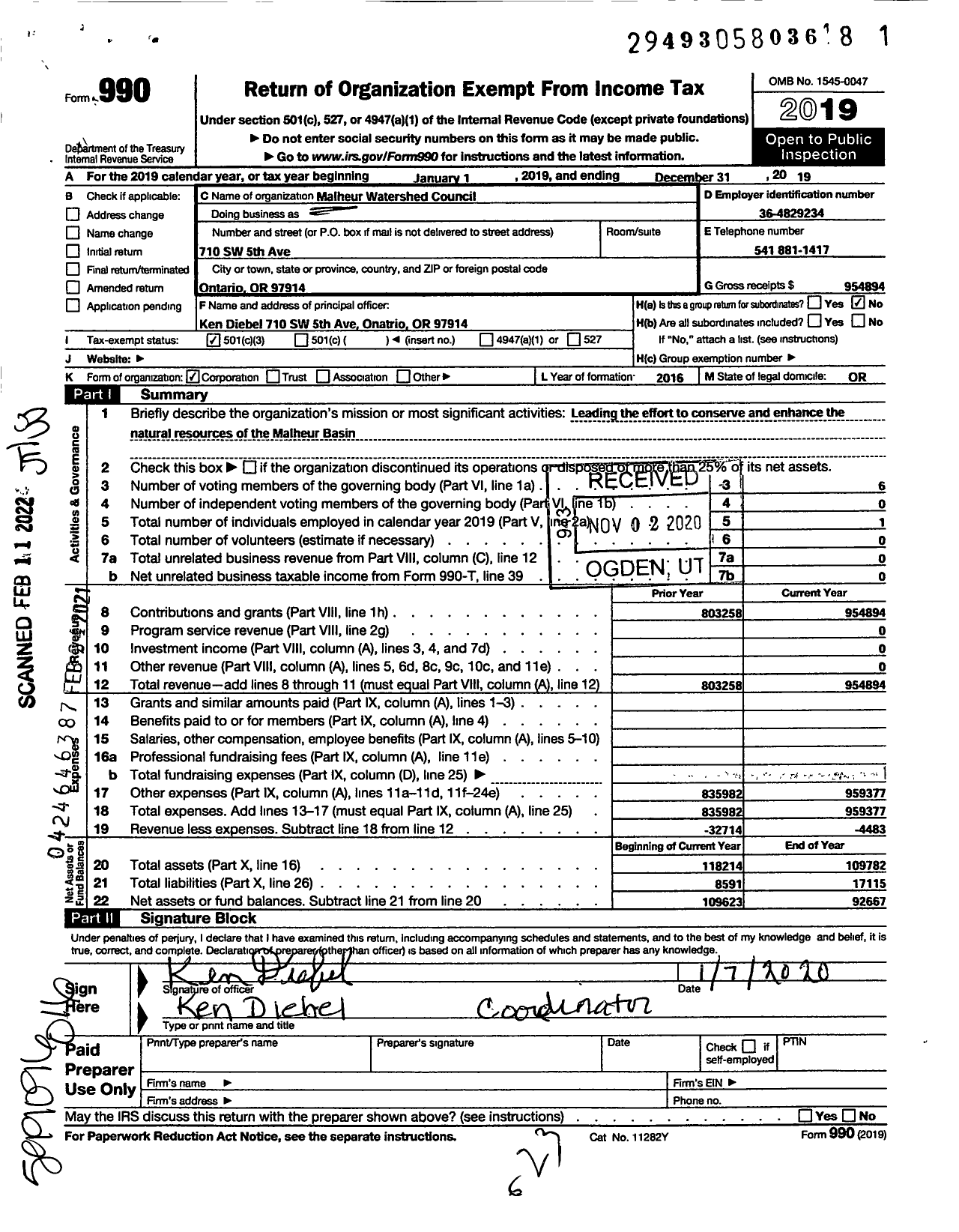 Image of first page of 2019 Form 990 for Malheur Watershed Council