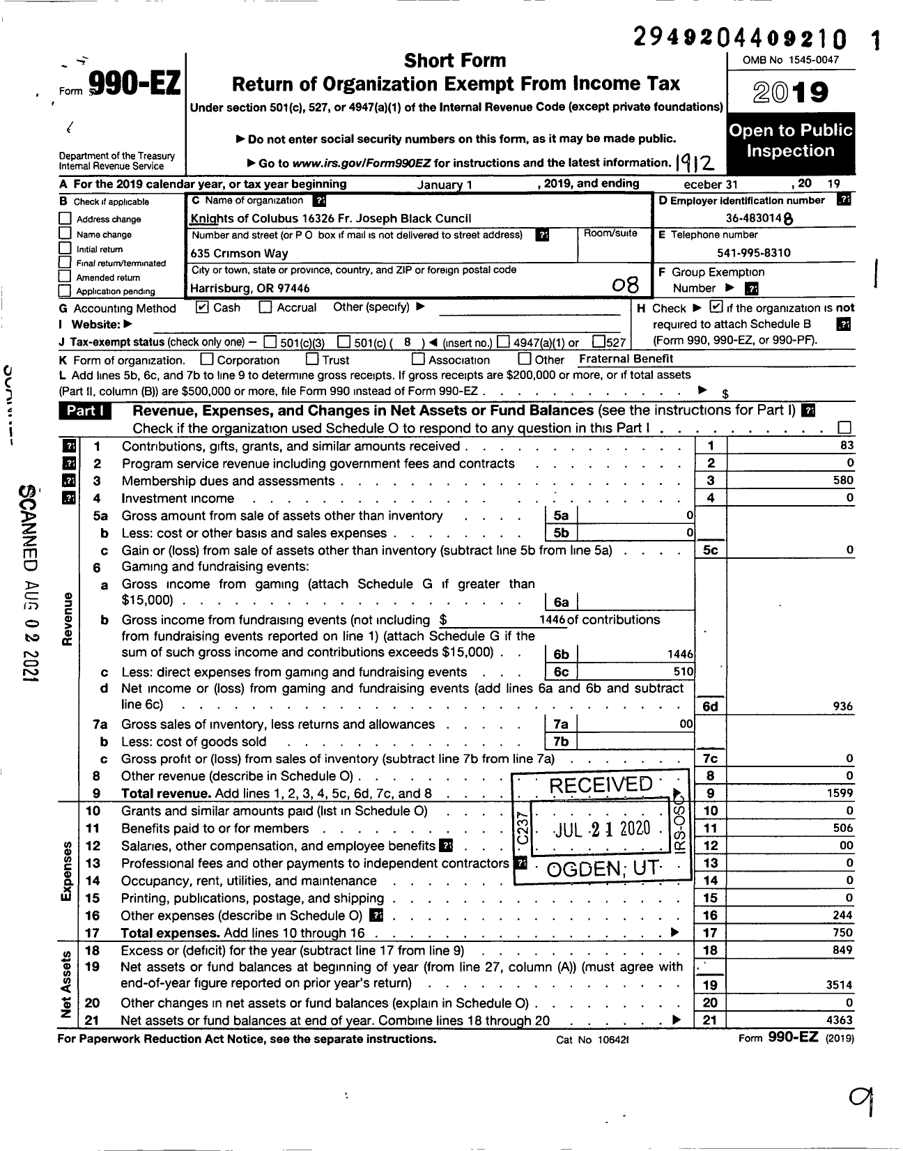 Image of first page of 2019 Form 990EO for Knights of Columbus - 16326 FR Joseph Black Council