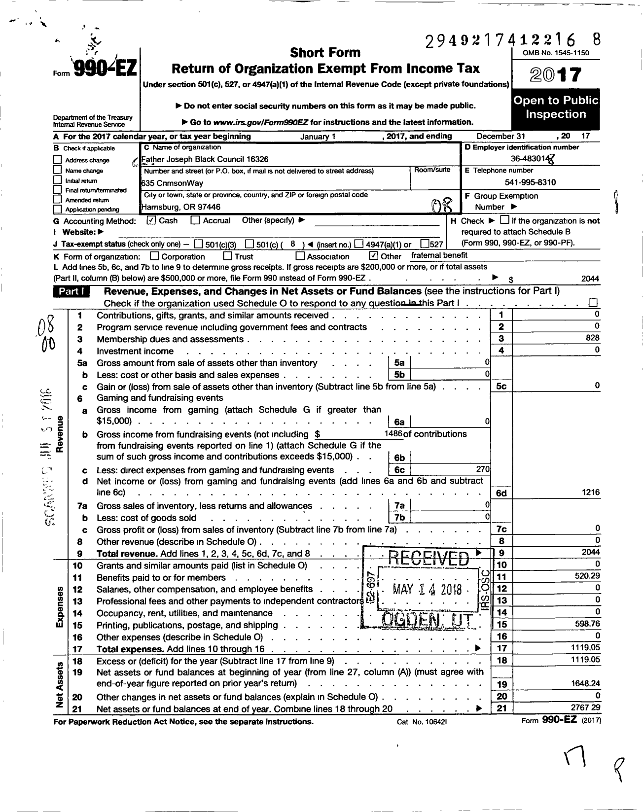 Image of first page of 2017 Form 990EO for Knights of Columbus - 16326 FR Joseph Black Council