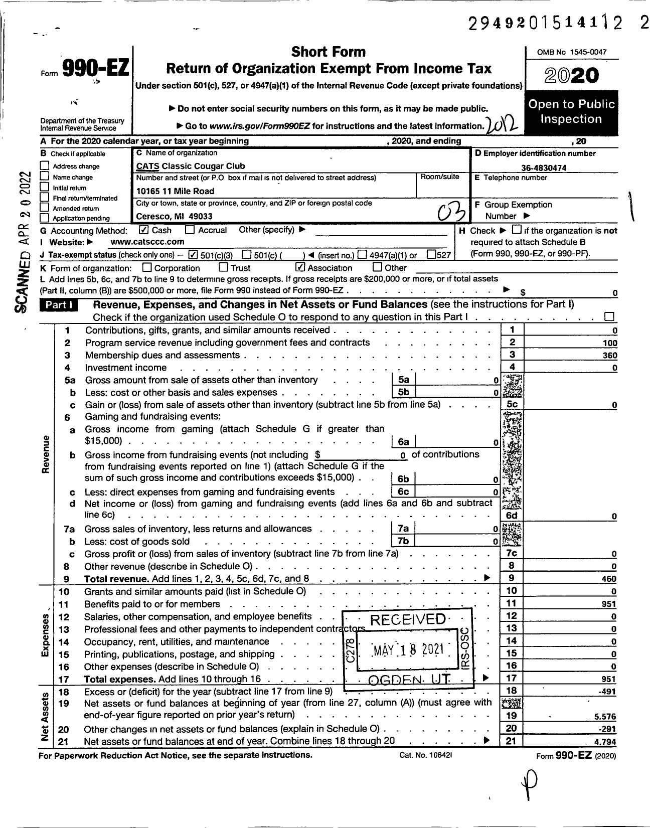 Image of first page of 2020 Form 990EZ for CATS Classic Cougar Club