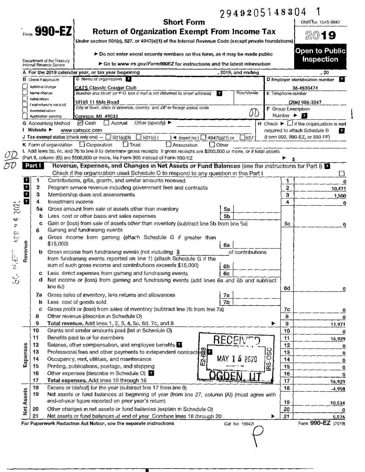 Image of first page of 2019 Form 990EO for CATS Classic Cougar Club