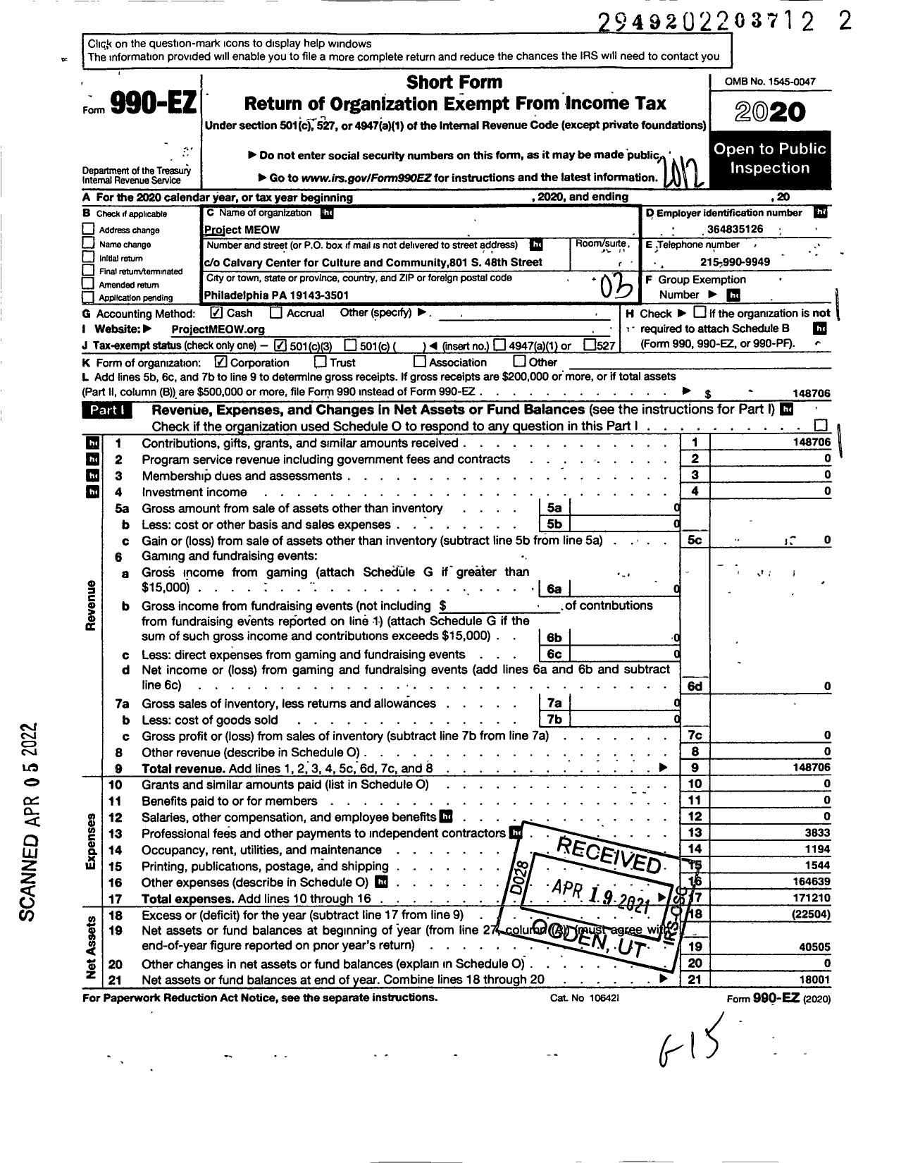 Image of first page of 2020 Form 990EZ for Project Meow