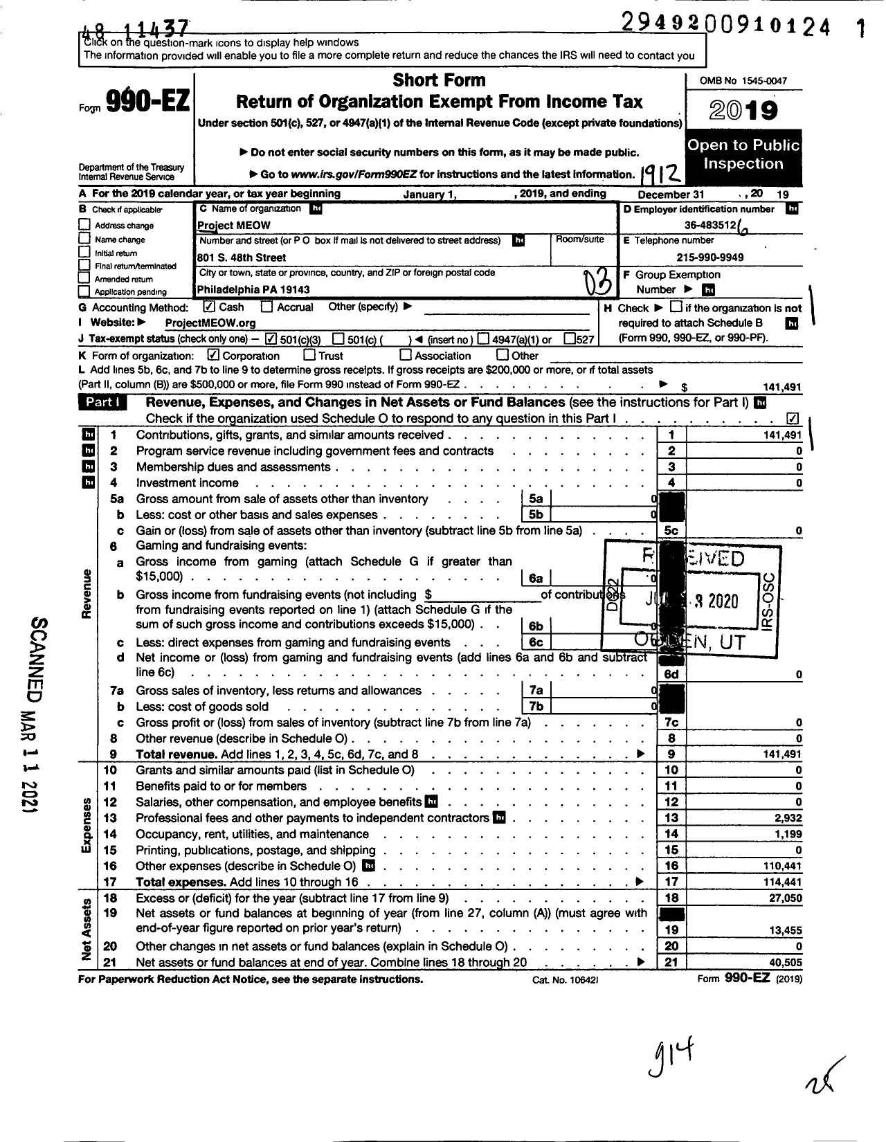 Image of first page of 2019 Form 990EZ for Project Meow