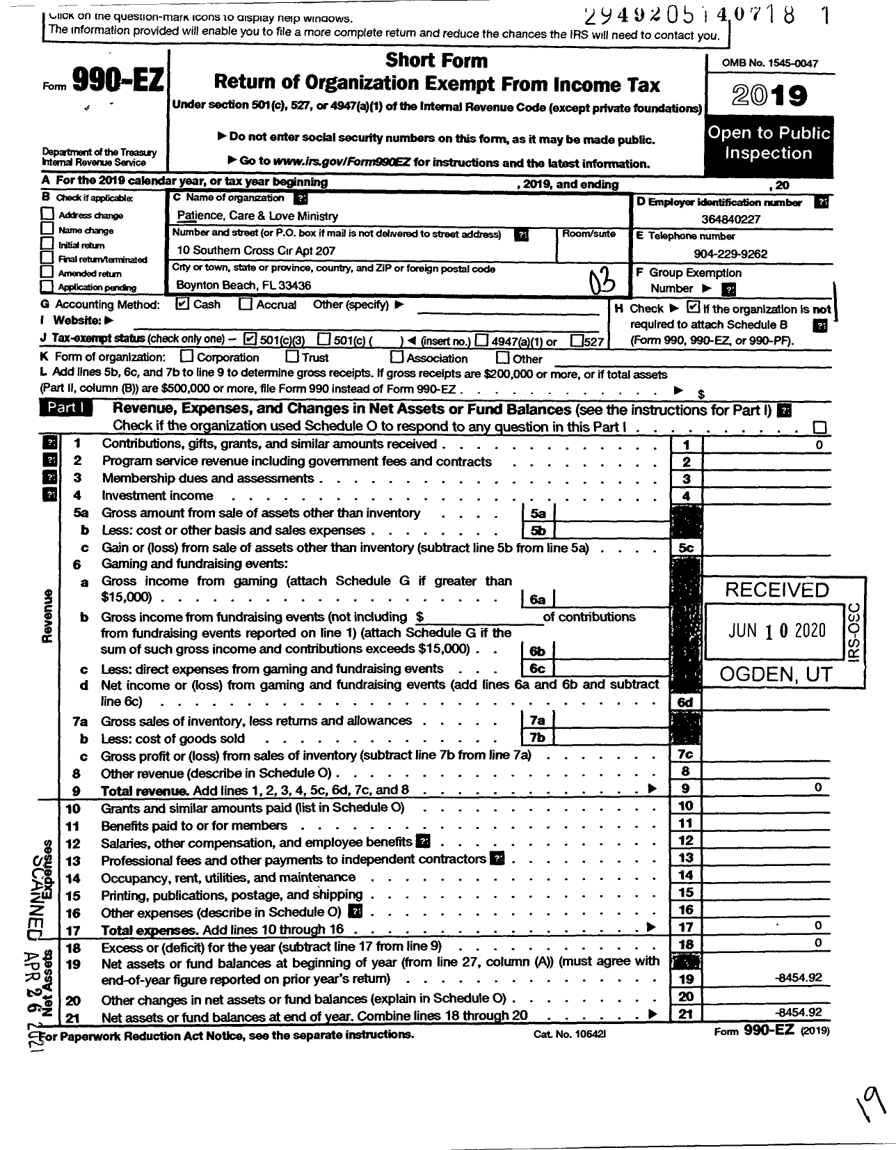 Image of first page of 2019 Form 990EZ for Patience Care and Love Ministry Corporation