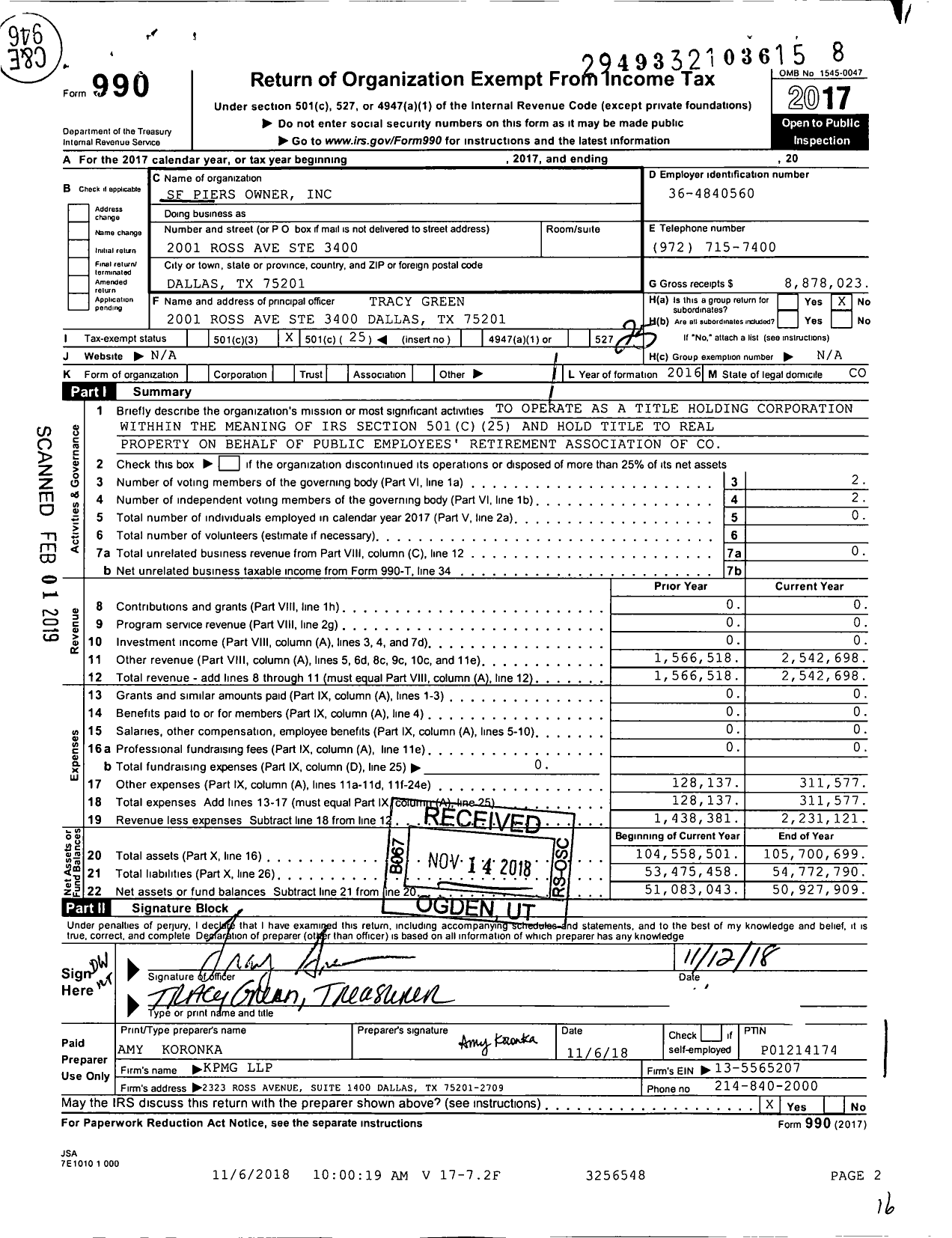 Image of first page of 2017 Form 990O for SF Piers Owner