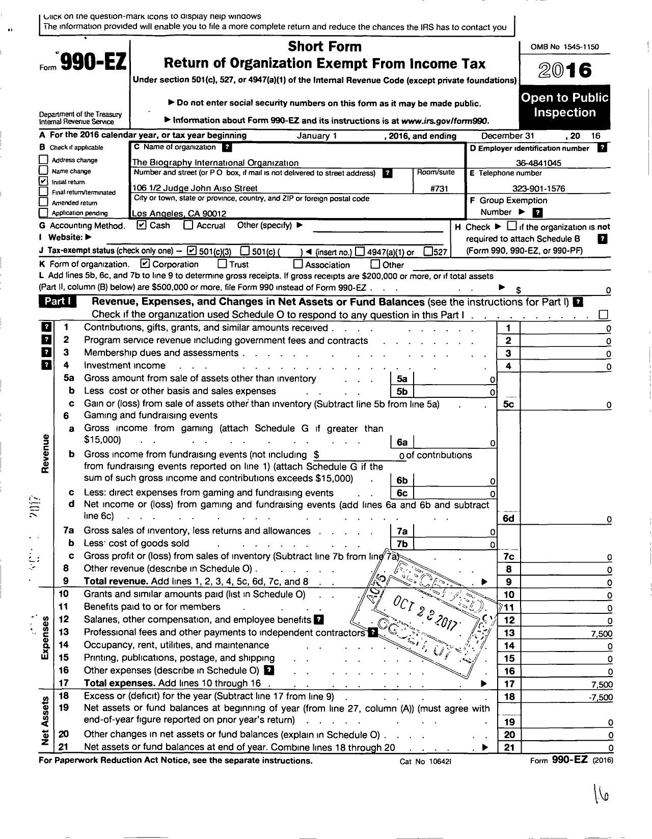 Image of first page of 2016 Form 990EZ for Biography International Organization