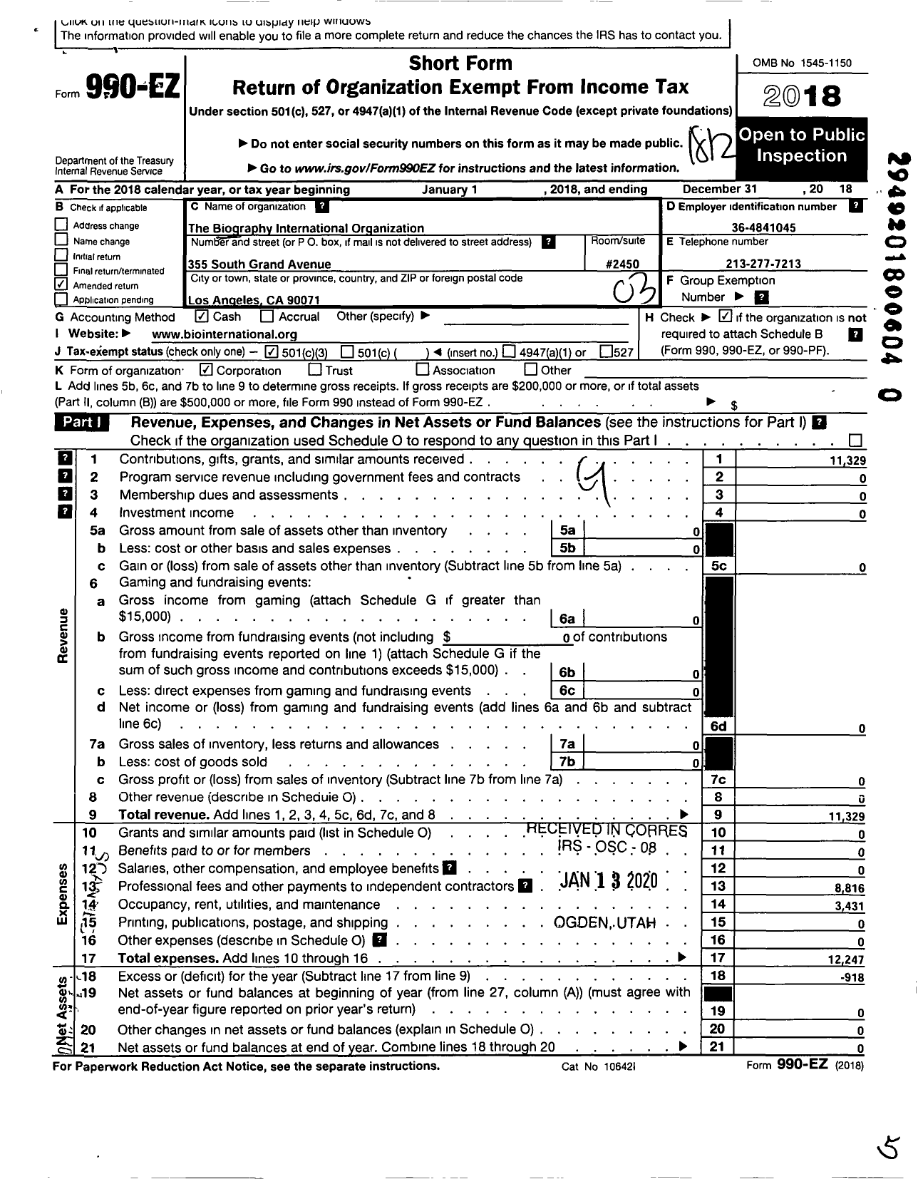 Image of first page of 2018 Form 990EZ for Biography International Organization